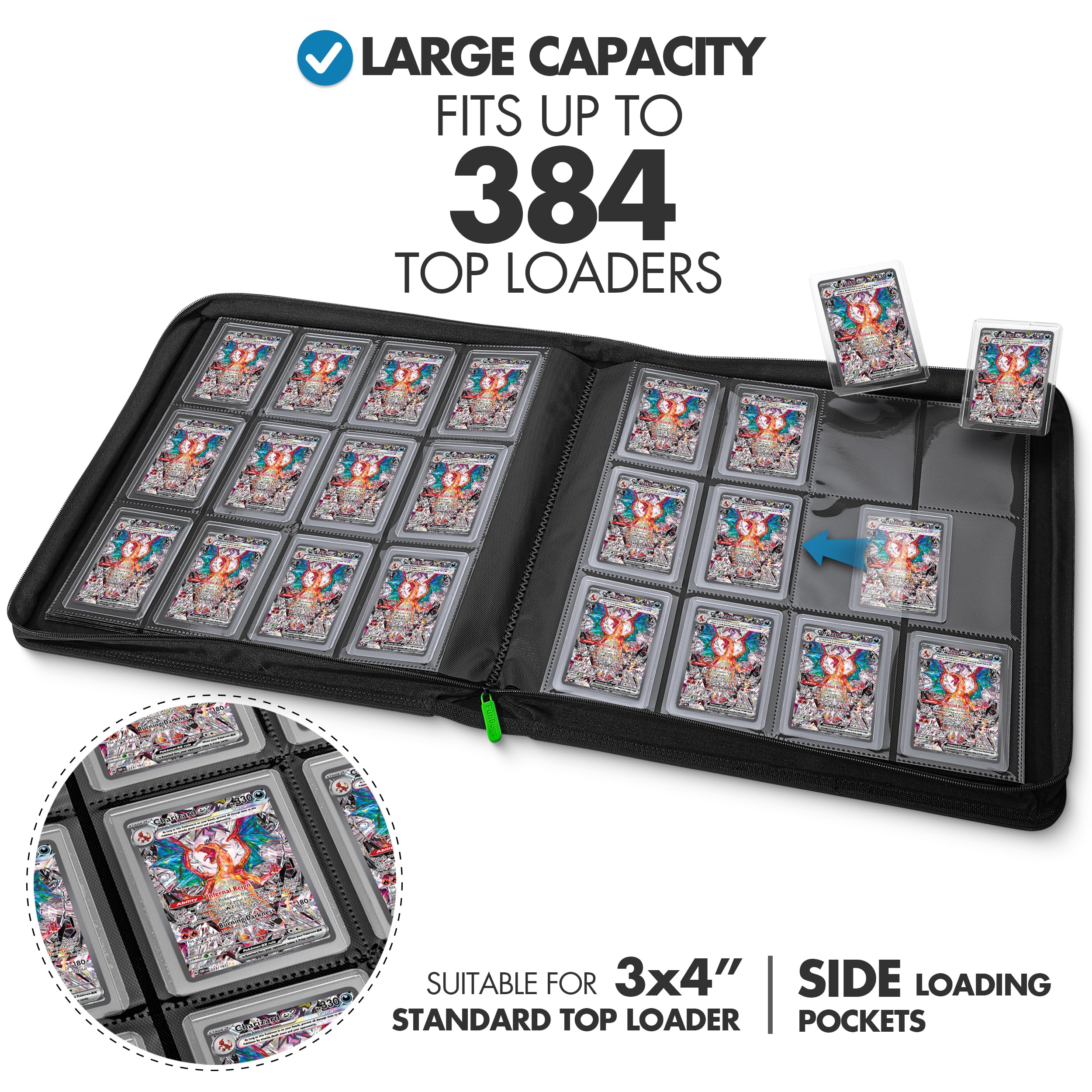 Premium 384-Pocket Toploader Binder for Trading Cards - Pokemon, Yugioh & MTG Card Storage | 12-Pocket TCG Binder with Top Loader Protection | Perfect for Collectors, Tournaments & Card Organization