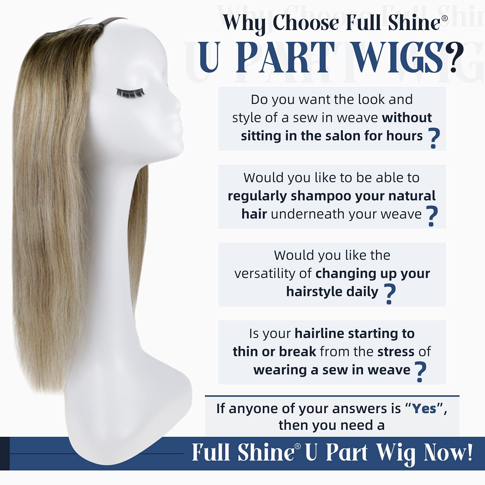 Full Shine U Part Human Hair Wigs - 20Inch Ombre Balayage Brown Blonde Remy Hair Half Wig with Clip Ins (150g) - Perfect for Daily Wear, Parties & Special Occasions