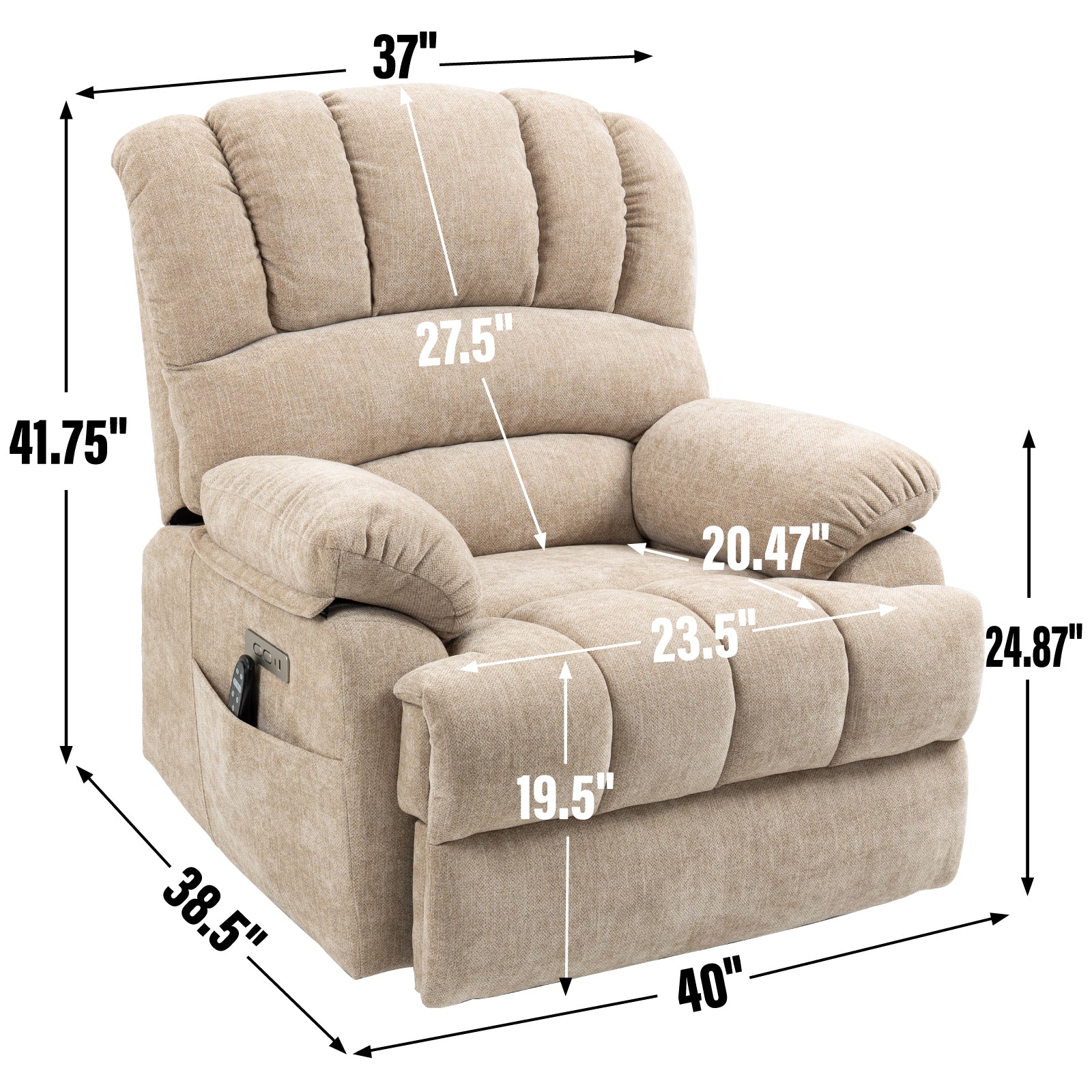 Extra Wide 23-Inch High Back Large Beige Chenille Power Lift Recliner Chair with 8-Point Vibration Massage & Lumbar Heating - Perfect for Living Room, Home Theater & Elderly Comfort