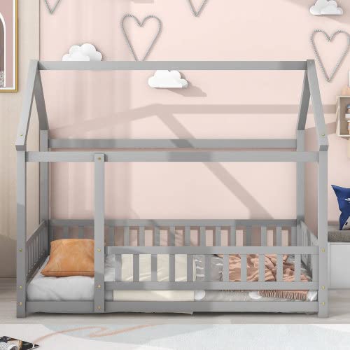 Twin Size Wooden House Bed with Roof and Safety Guardrails - Easy Assembly Bed Frame for Kids, Teens, Boys & Girls (White) - Perfect for Nursery, Bedroom, Playroom & Kids' Room Decor