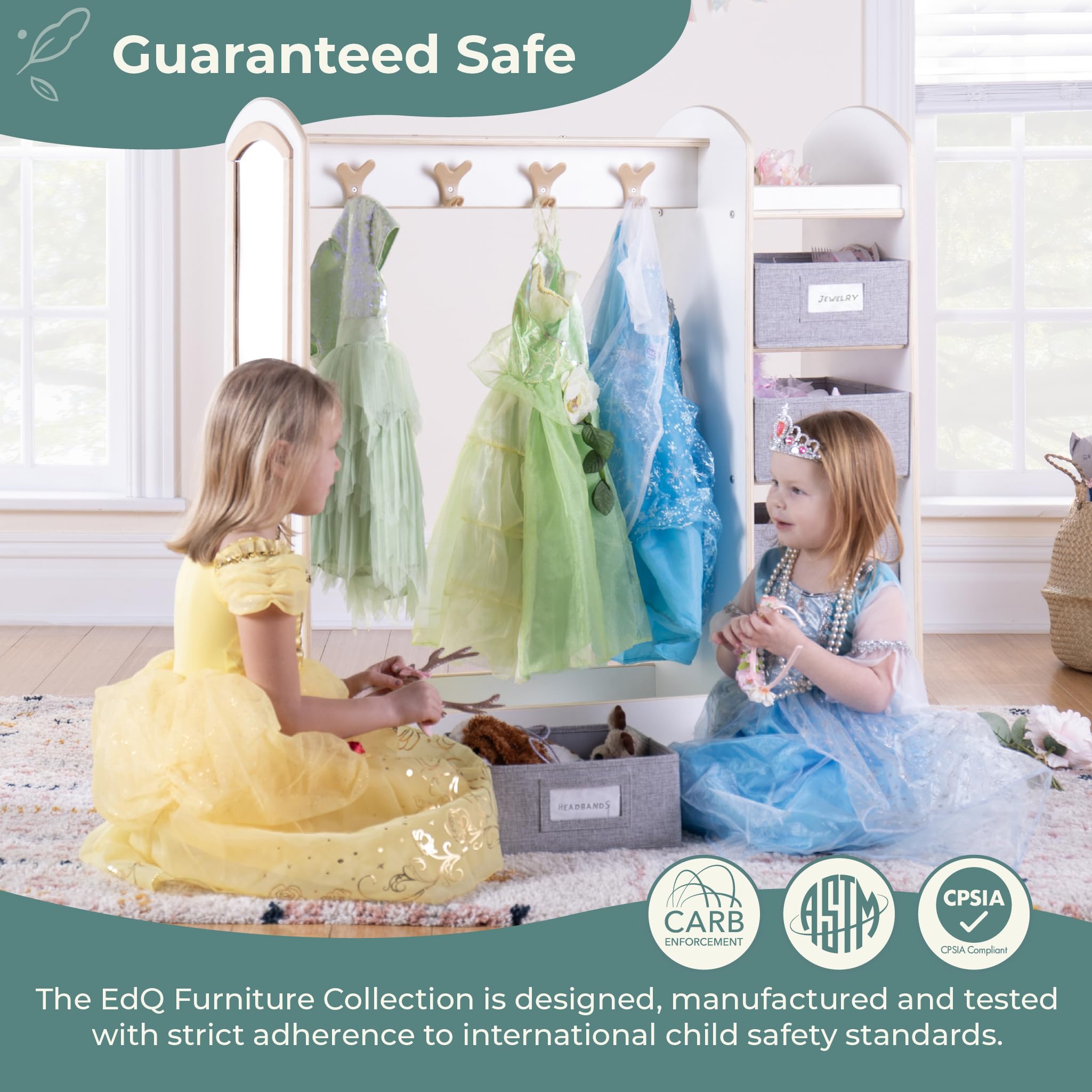Guidecraft EdQ Dress-up Storage with Bins - White Kids Dresser with Mirror & Safe Hooks, Children's Costume Organizer & Playroom Furniture - Perfect for Bedroom, Nursery, and Daycare Storage Solutions