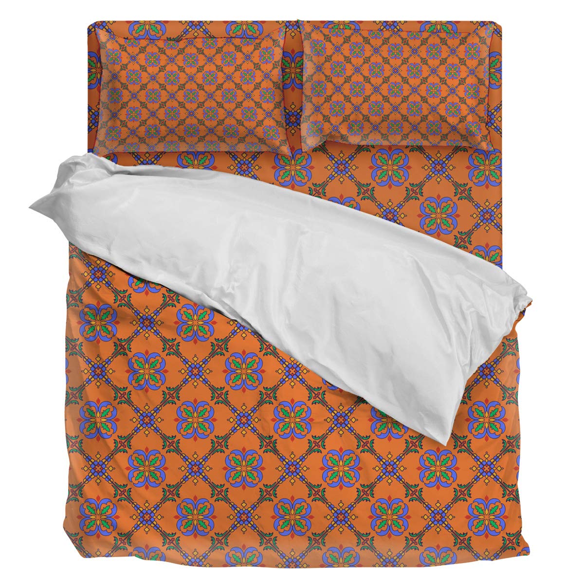 Luxury 4-Piece King Size Duvet Cover Set - Soft Bohemian Floral Bedding (1 Duvet Cover, 1 Sheet, 2 Pillowcases) in Blue & Orange Sunflower Design | Perfect for Master Bedroom, Guest Room & Bohemian Home Decor