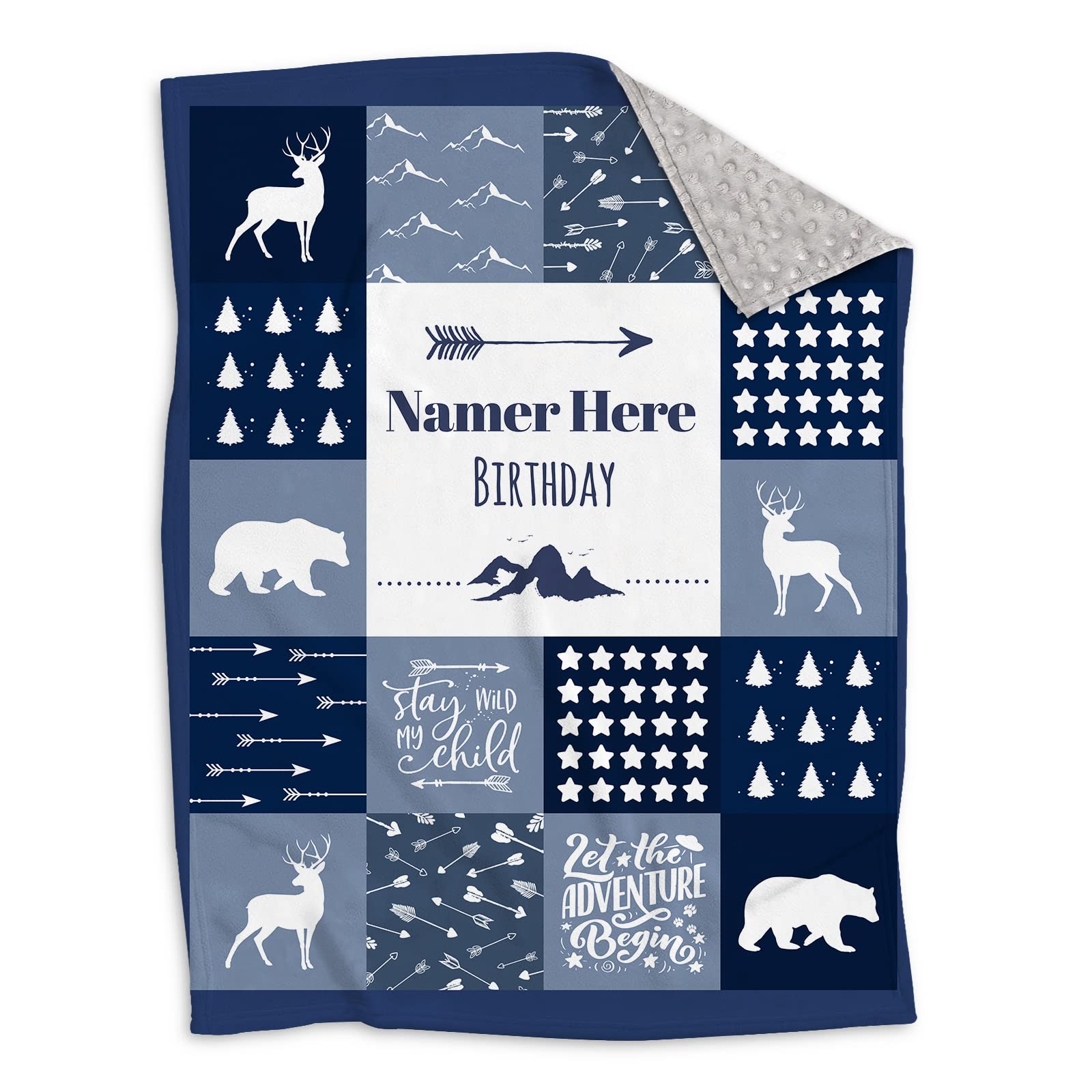 Personalized Deer Baby Minky Blanket with Name - Woodland Theme Custom Baby Blanket for Boys & Kids - Lightweight Nursery Blanket for Baby Shower Gifts - Soft Navy Blue Woodland Nursery Decor for Cribs, Strollers & Toddler Bedrooms