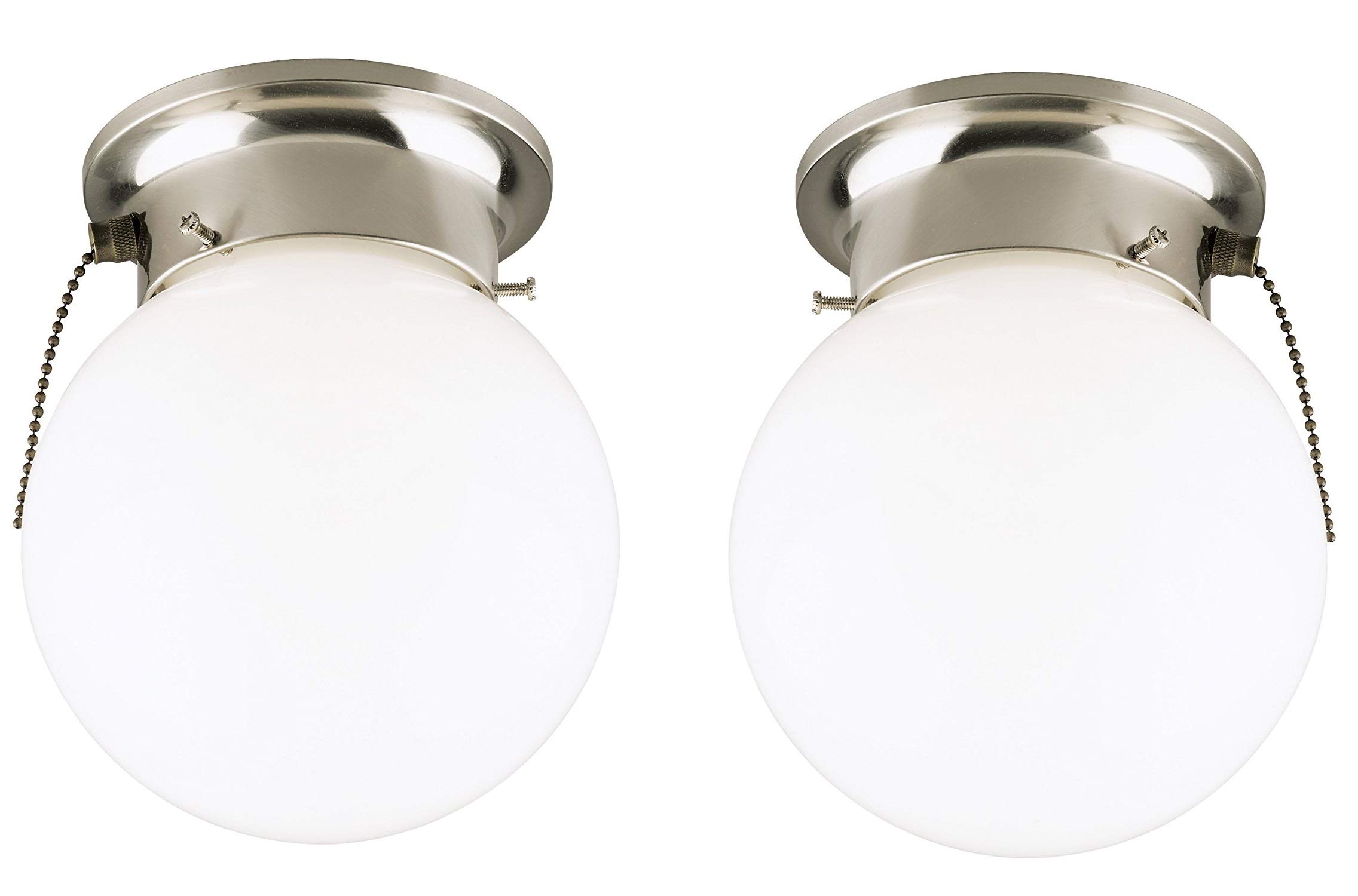 2 Pack Brushed Nickel Flush Mount Ceiling Light with Pull Chain & White Glass Globe - Modern Interior Lighting for Bedroom, Hallway, Closet, and Bathroom