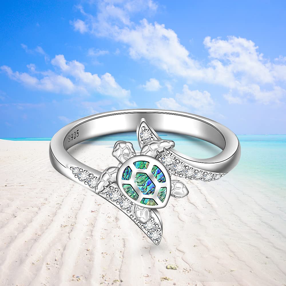Sterling Silver Sea Turtle Ring with Abalone Shell - Ocean Wave Design for Women, Size 6-10 - Animal Jewelry, Good Luck Gift for Mother's Day & Longevity - Perfect for Beach Vacations, Boho Fashion & Spiritual Healing