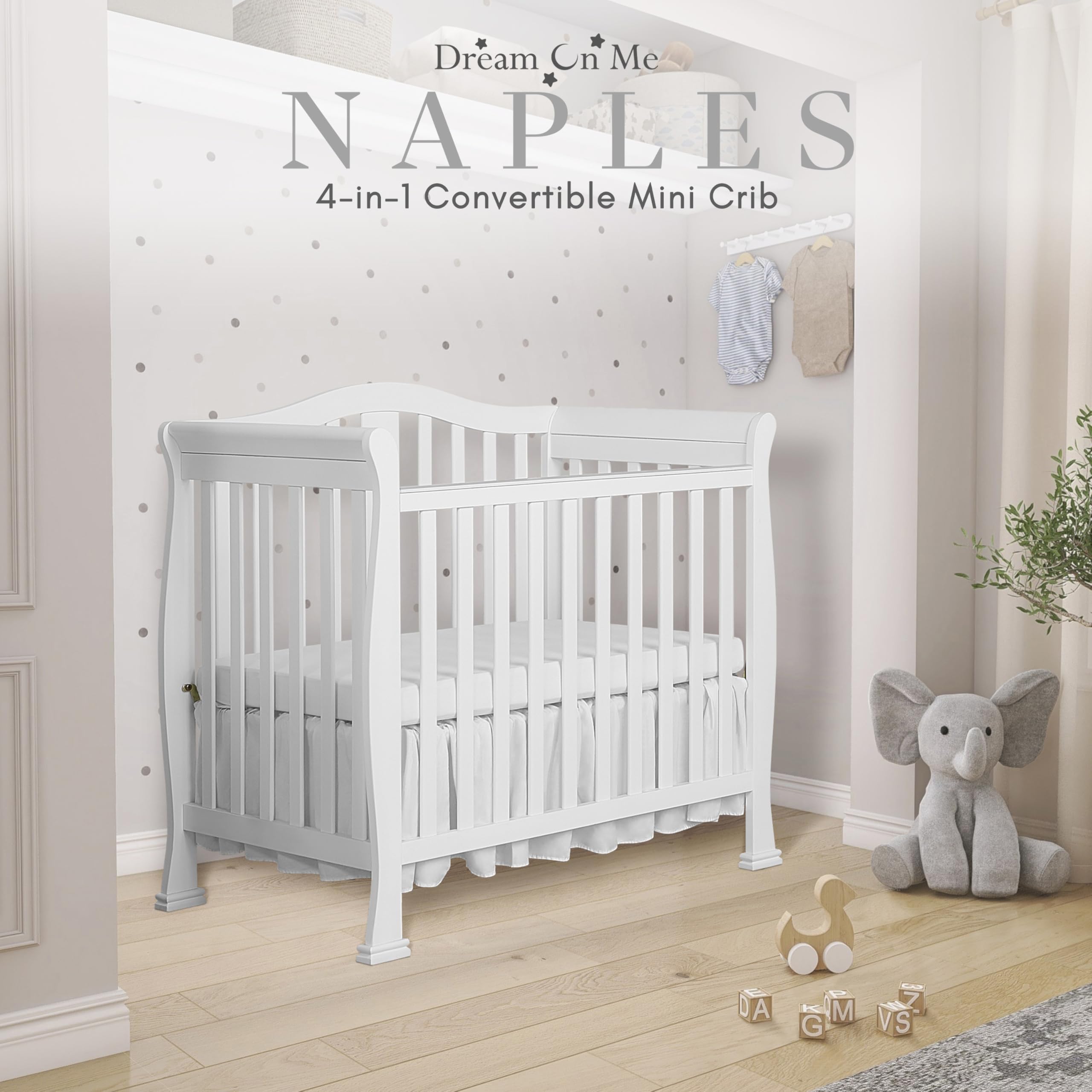 Dream On Me Addison 4-in-1 Convertible Mini Crib - White | GREENGUARD Gold Certified | Non-Toxic New Zealand Pinewood | Includes 1