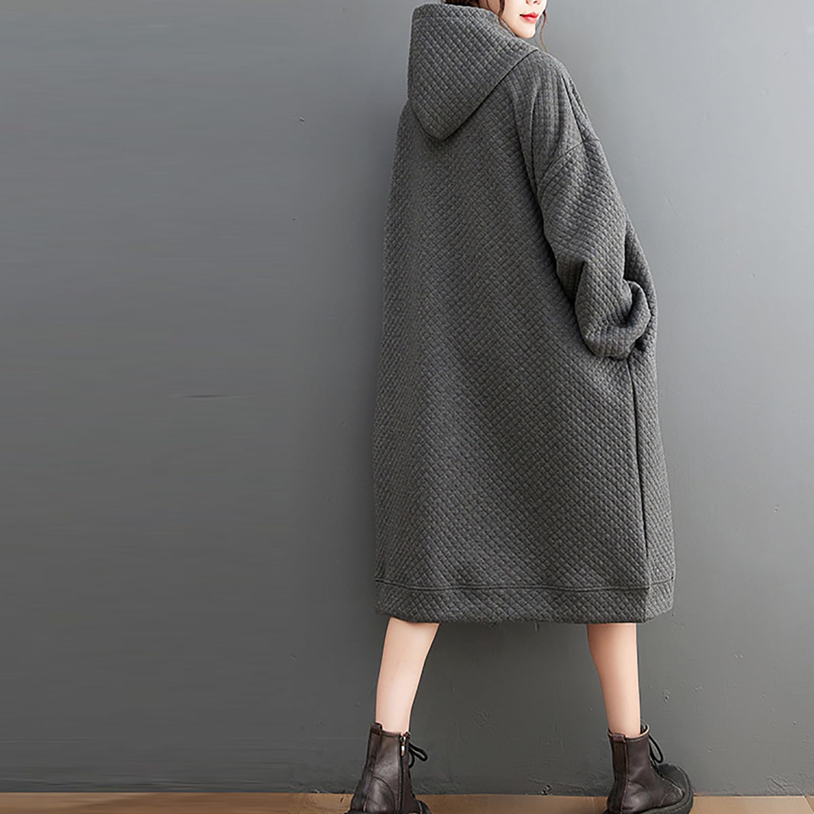 Women's Oversized Hooded Sweatshirt Dress - Loose Fit Waffle Knit Pullover Maxi Dress with Pockets | Casual Streetwear, Loungewear & Winter Layering Outfit