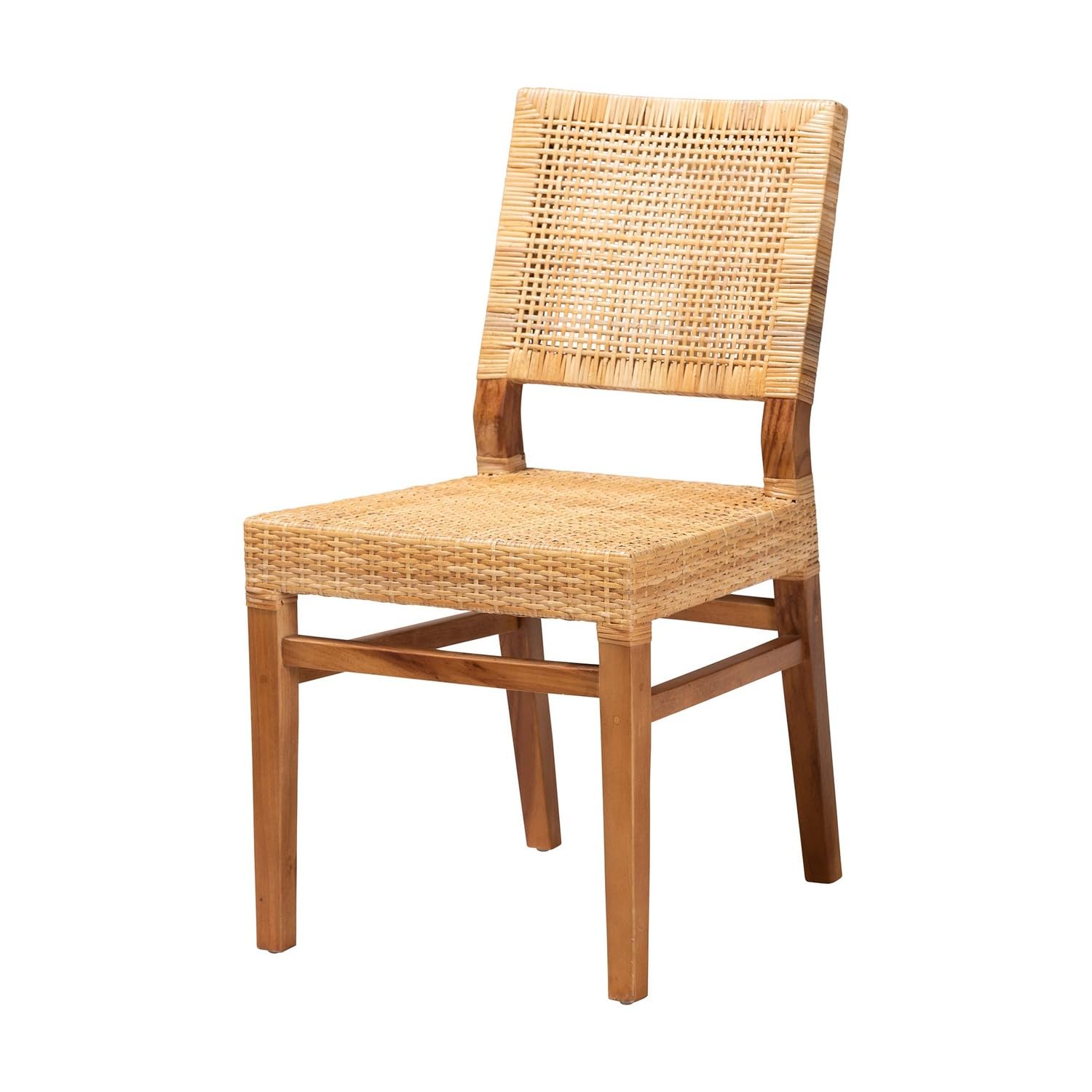 Baxton Studio Lesia Modern Bohemian Rattan Dining Chairs - Set of 2 Natural Brown Woven Rattan with Walnut Wood Frame - Perfect for Boho Kitchen, Breakfast Nook & Outdoor Patio Dining