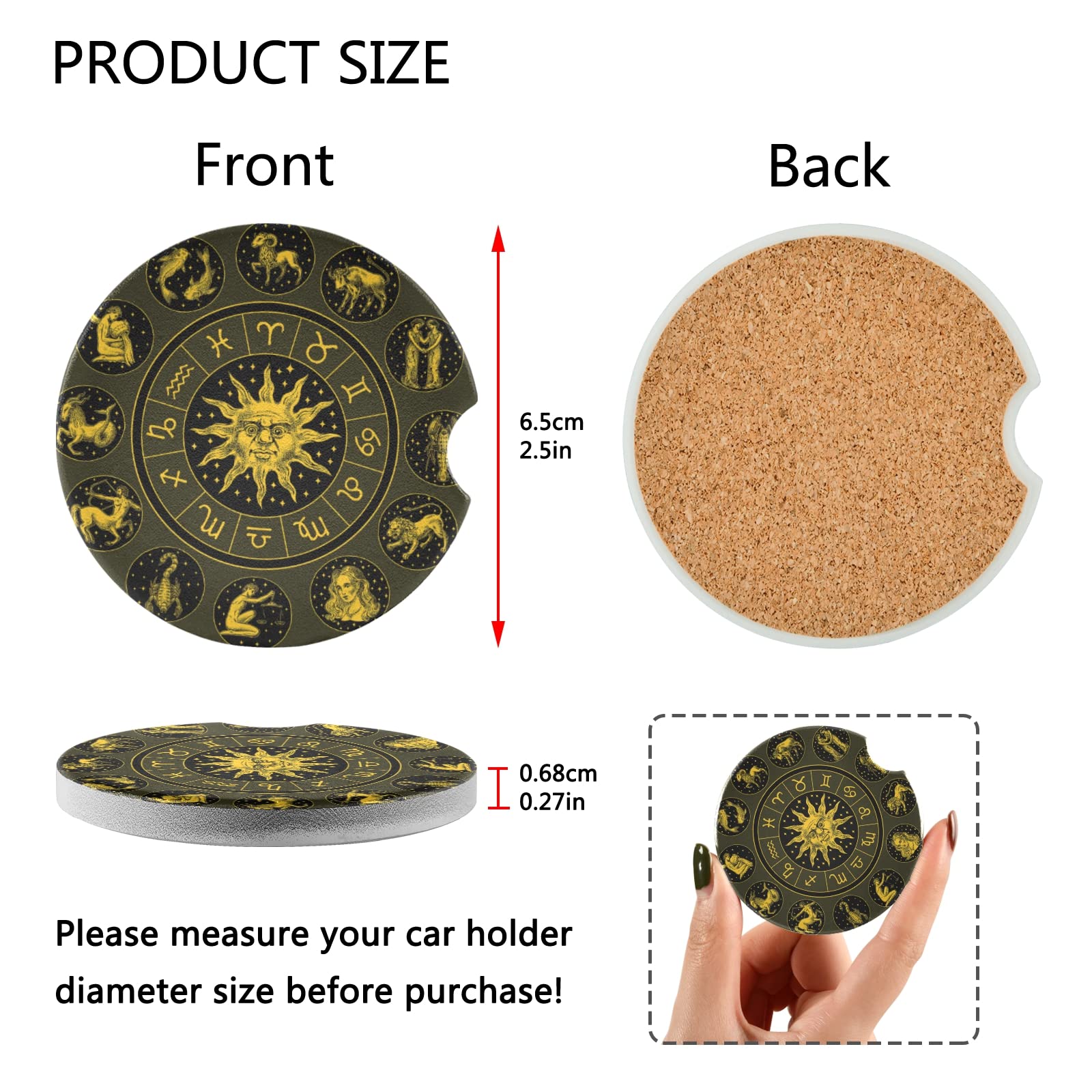 2PCs Gold Zodiac Wheel Astrology Horoscope Car Coasters Set with Sun & Star Signs - Round Absorbent Cup Mats with Cork Back & Finger Slot for Easy Removal - Perfect Mug Protector for Cars, Office & Home Use