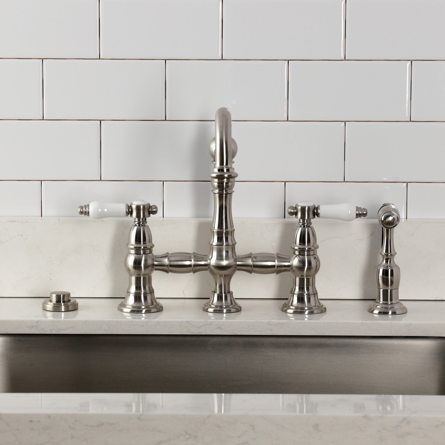Bel Air KS3278BPLBS Brushed Nickel 2-Handle 4-Hole Deck Mount Bridge Kitchen Faucet with Brass Side Sprayer - Perfect for Farmhouse & Vintage Style Kitchens