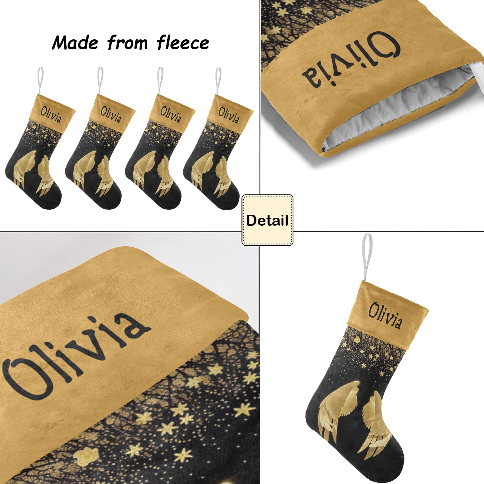 Personalized Gold Angel Wings Christmas Stockings with Name - Custom Holiday Gift for Boys, Girls & Pets (17.52 x 7.87 Inch) - Perfect for Fireplace Decor, Xmas Tree Hanging & Festive Home Decoration