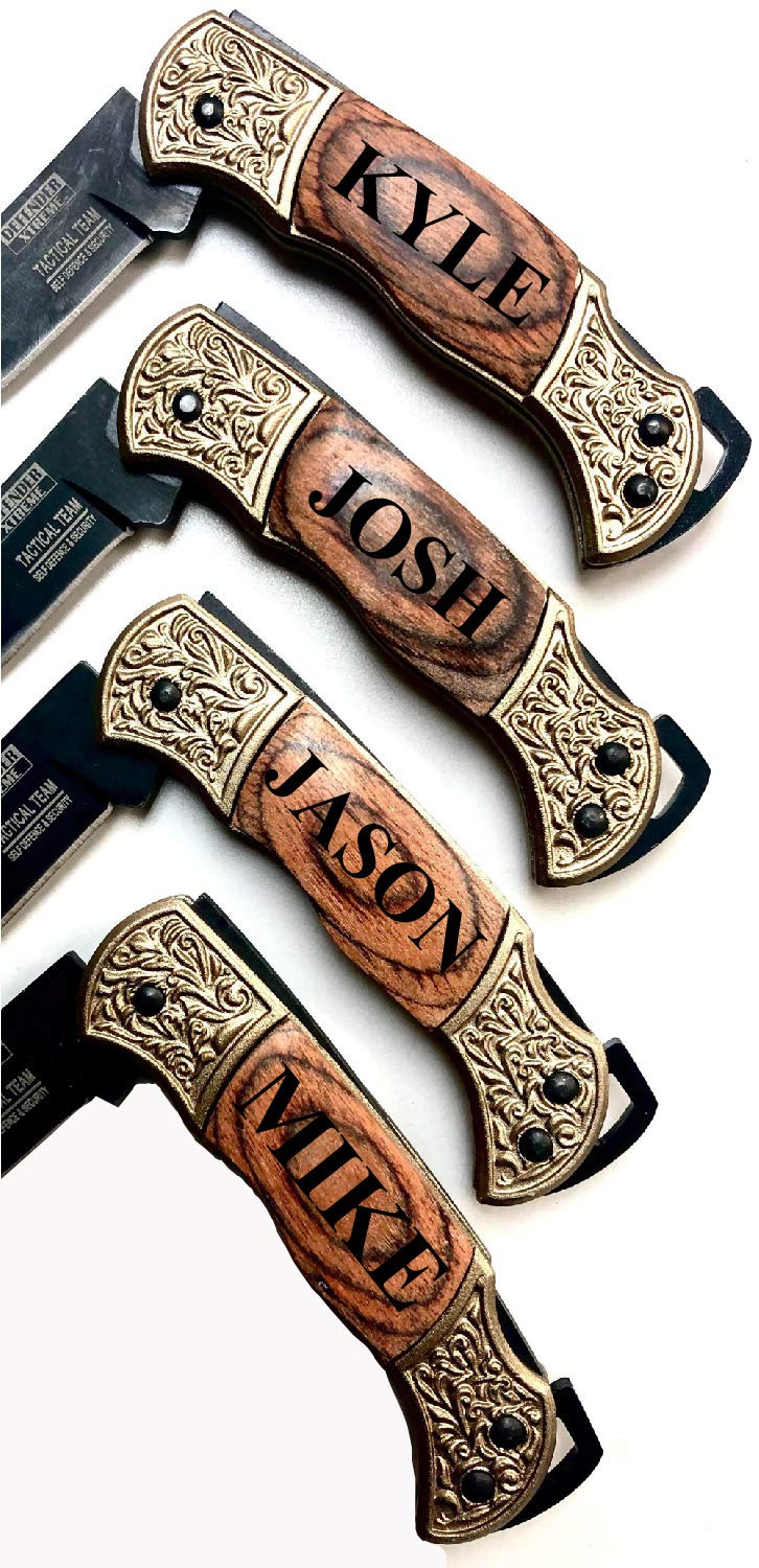 Premium Personalized Engraved Pocket Knife Set of 8 - Golden Handle Groomsmen Gifts for Weddings, Bachelor Parties & Outdoor Adventures - Best Man Knife Set for Camping, Hiking & Groomsmen Keepsakes