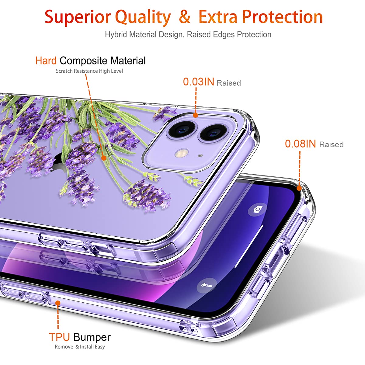 GiiKa Clear Floral Shockproof Hard Case with TPU Bumper & Screen Protector for iPhone 12/12 Pro - Purple Flowers Design | Protective Phone Cover for Women & Girls | Perfect for Everyday Use, Work, and Travel