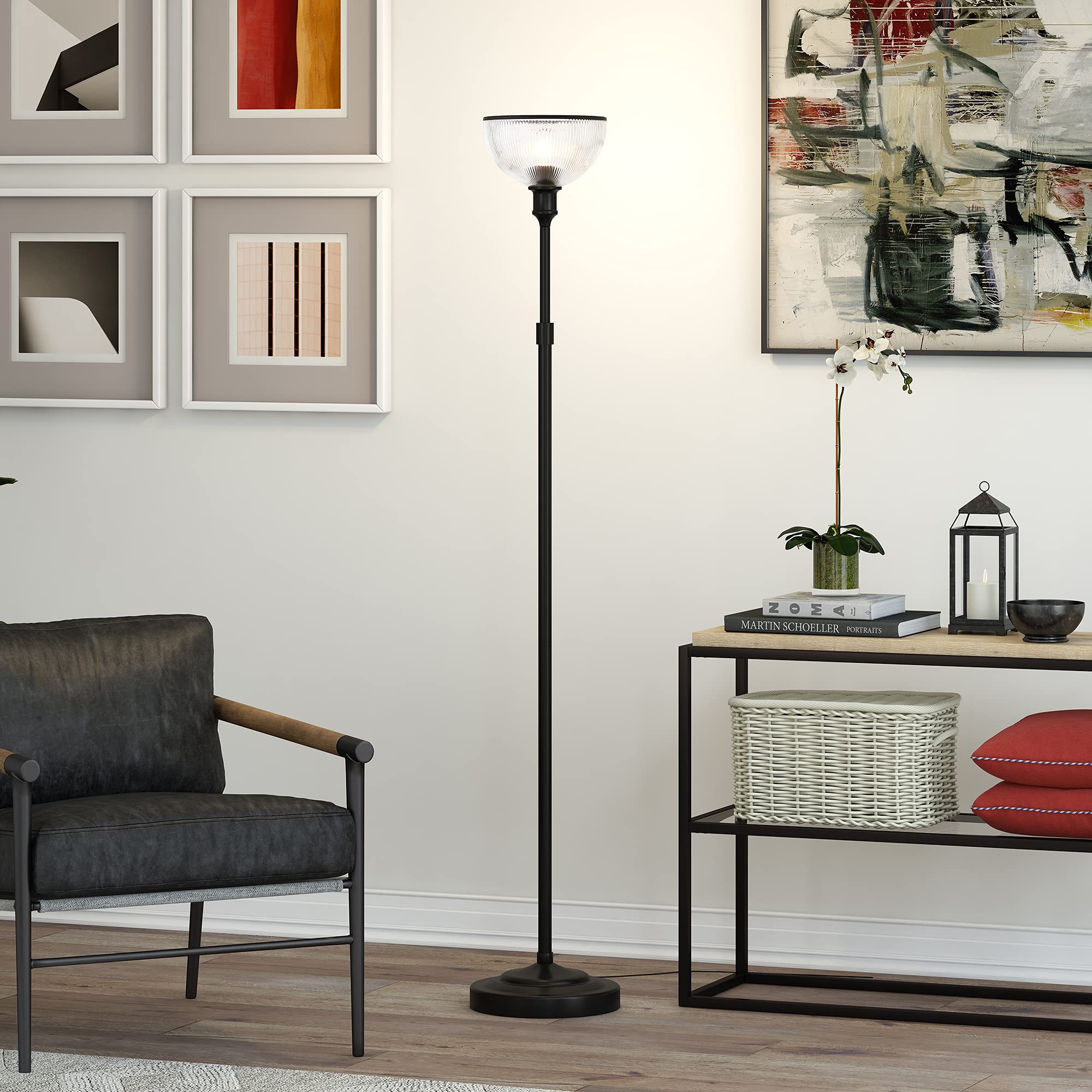 Henn&Hart Blackened Bronze Torchiere Floor Lamp with Ribbed Glass Shade - Modern Lighting for Living Room, Bedroom, Office & Dining Room | Perfect for Reading, Relaxing & Ambient Lighting