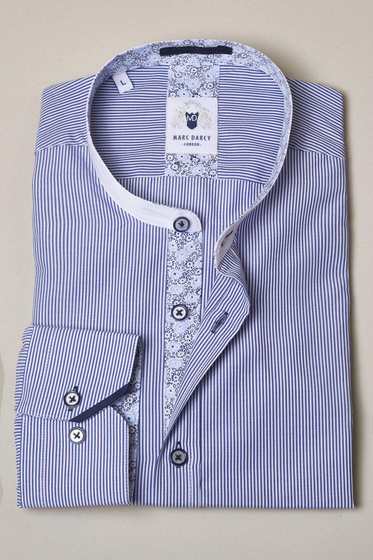 COOPER Men's Grandad Collar Navy Stripe Casual Shirt - Stylish Button Down Top for Work, Date Night & Everyday Wear
