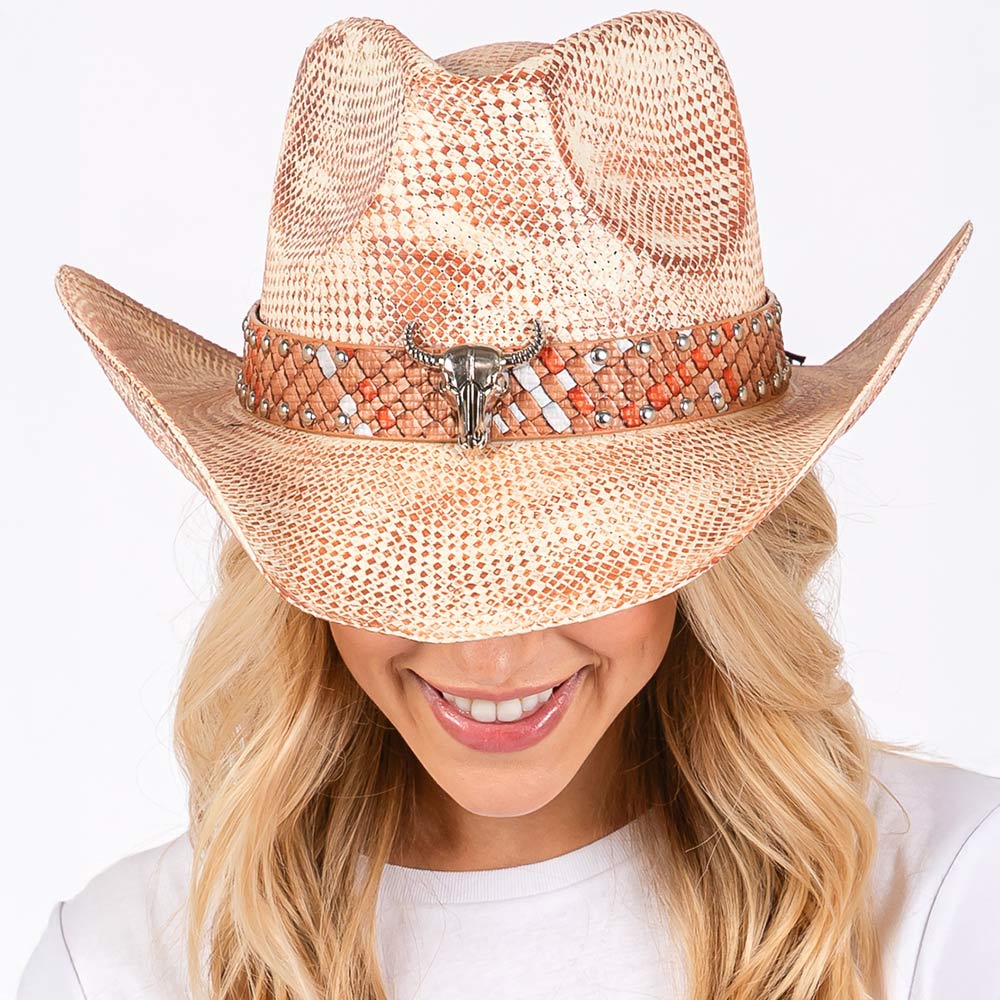 Vintage Pink Cowboy Hat with Western Bull & Stud Design - Western Fashion Accessory for Women, Country Music Festivals & Rodeo Events