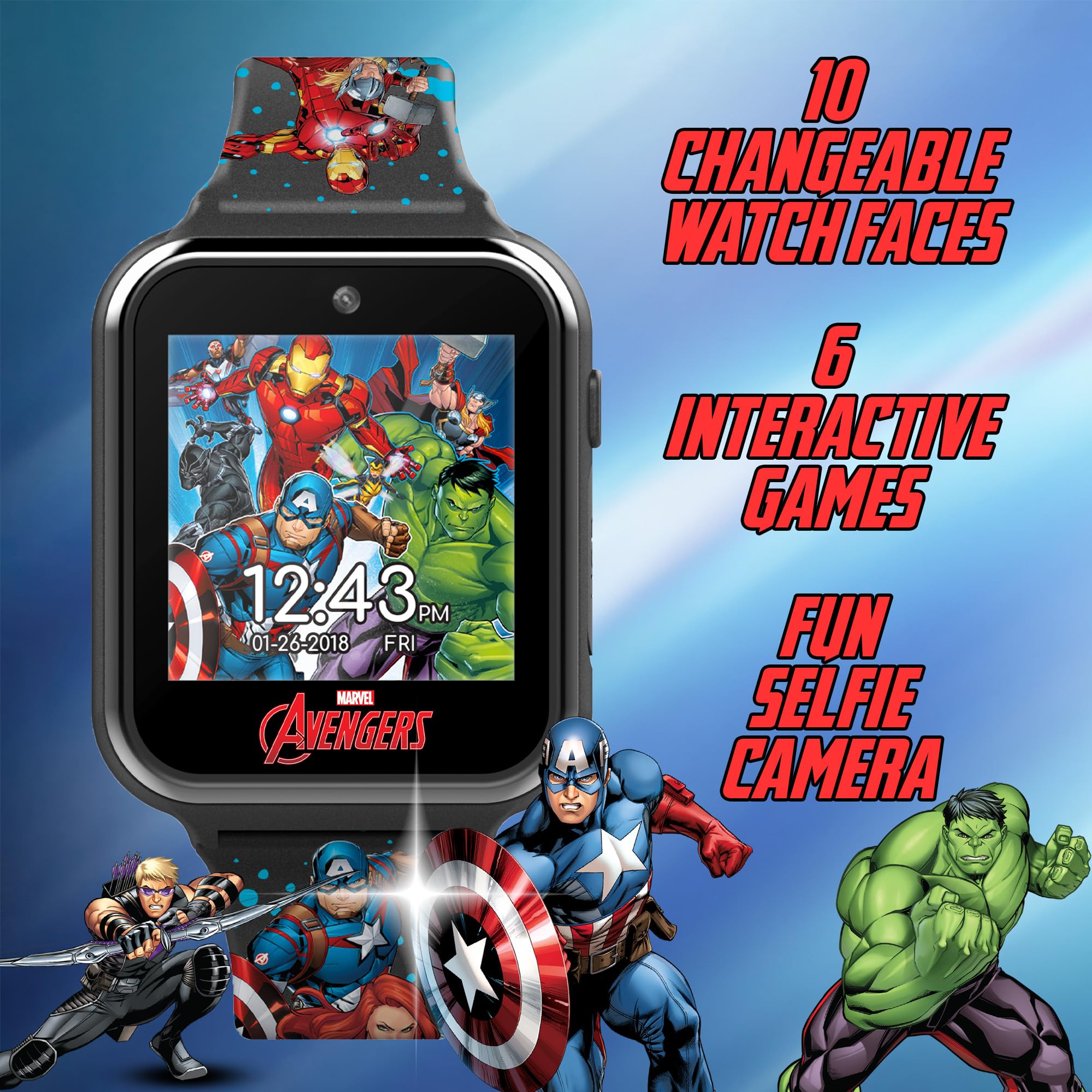 Marvel Avengers Kids Smartwatch with Touchscreen, Games, Camera & Fitness Tracker – 10 Watch Faces, USB Rechargeable – Step Counter, Alarm, Timer – Fits 5.5