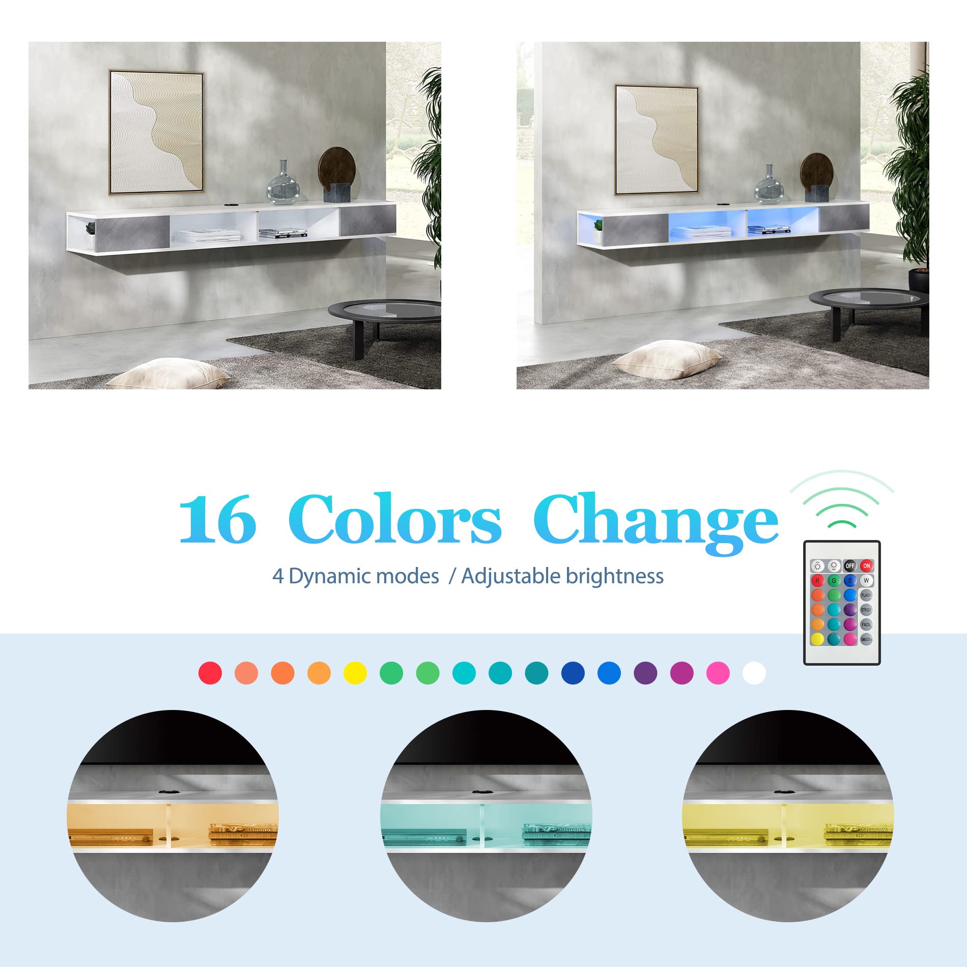 WAMPAT 70 Inch Floating TV Stand for 75 Inch TVs - Modern Wall Mounted Entertainment Center with Storage - White & Gray TV Console for Living Room, Bedroom & Home Theater Setup