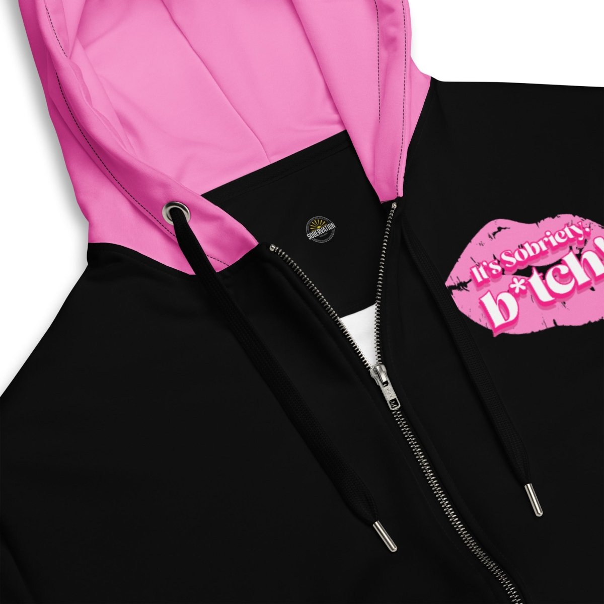 Sobriety Unisex Zip Hoodie - Black & Pink Variant for Men & Women | Perfect for Casual Wear, Gym, and Outdoor Activities