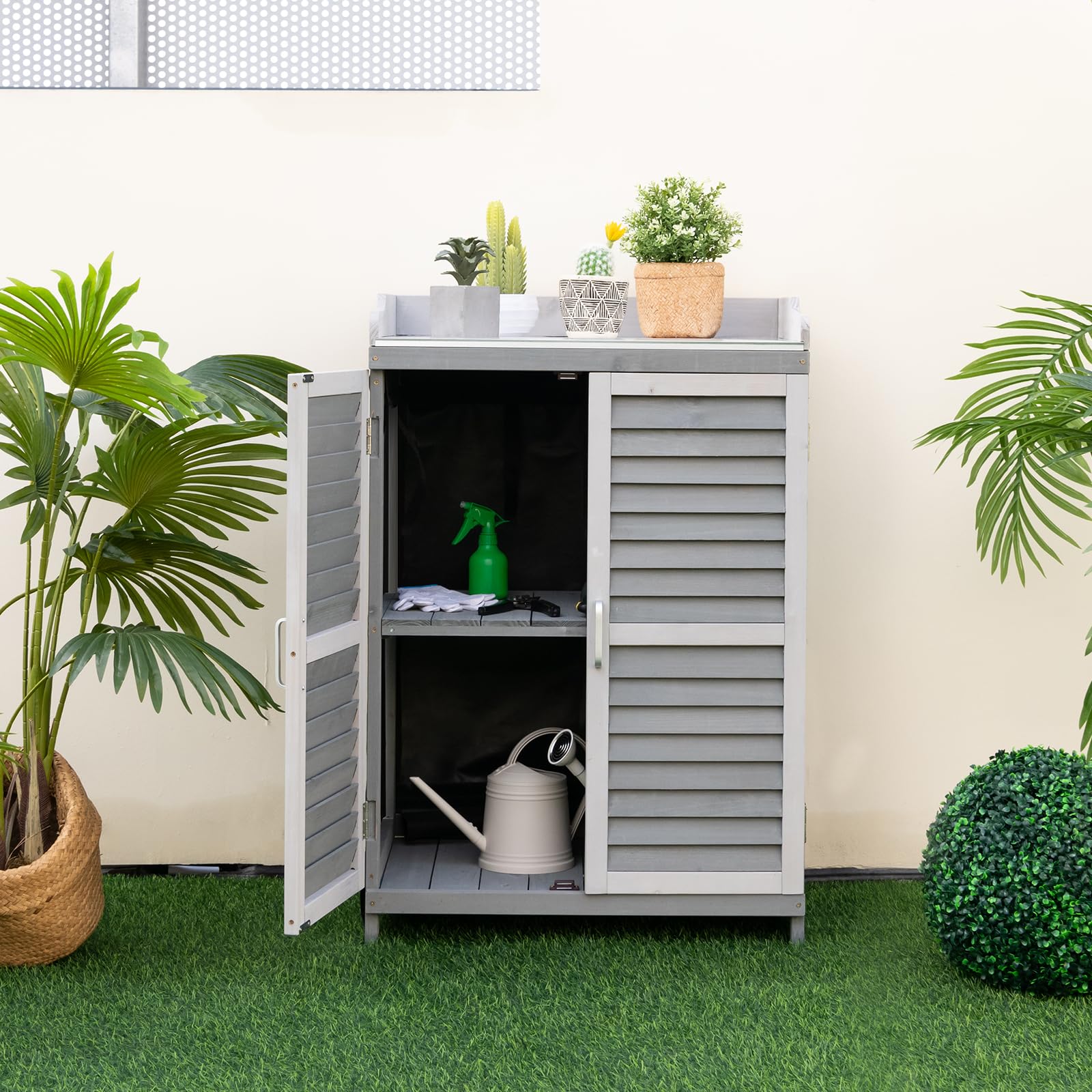 **AFSTAR Outdoor Potting Bench with Metal Tabletop & 2 Storage Shelves – Waterproof Garden Tool Shed, Wooden Potting Table for Patio & Backyard – Grey | Perfect for Gardening, DIY Projects & Outdoor Storage**