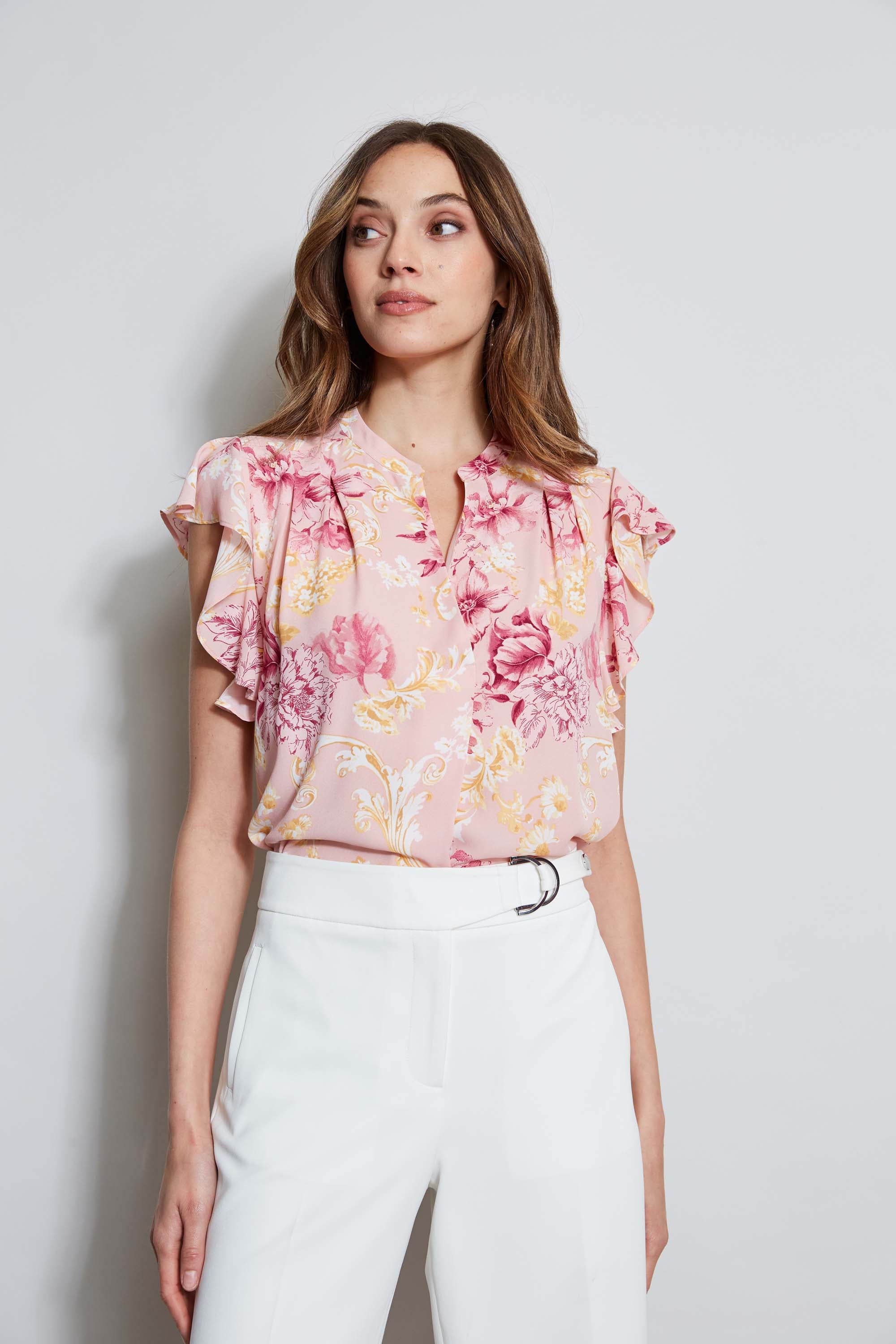 T Tahari Garden Flutter Sleeve Blouse - Women's Flowy Casual Shirt with Floral Print for Office Wear & Spring Outfits