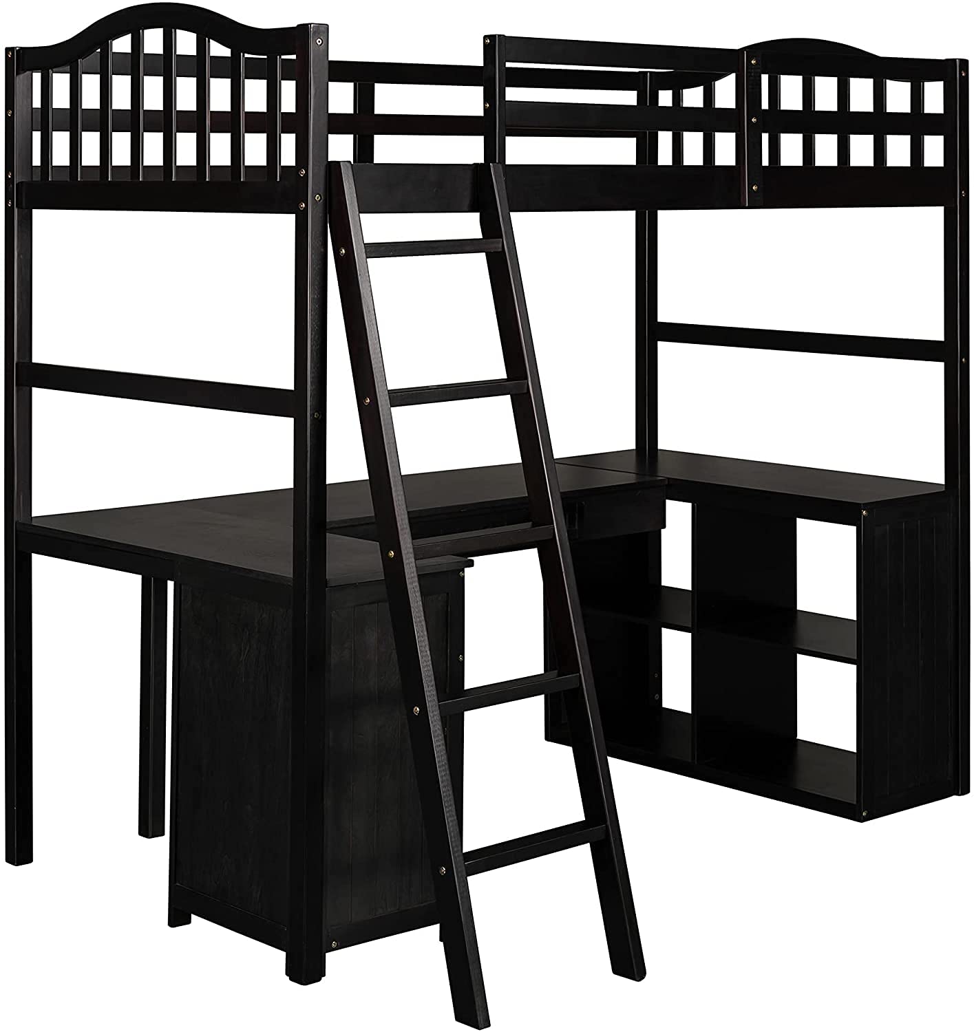 **Space-Saving Loft Bed with Desk & Storage - Twin Size Wooden Loft Bed with Drawers, Cabinet & Shelves - Kids Study & Sleep Solution (Espresso Finish, No Box Spring Needed) - Perfect for Small Bedrooms, Dorms & Apartments**