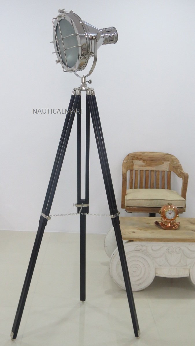 Vintage Silver Finish Nautical Searchlight with Black Wooden Tripod Stand - Perfect for Marine Decor, Boat Parties & Coastal Themed Events