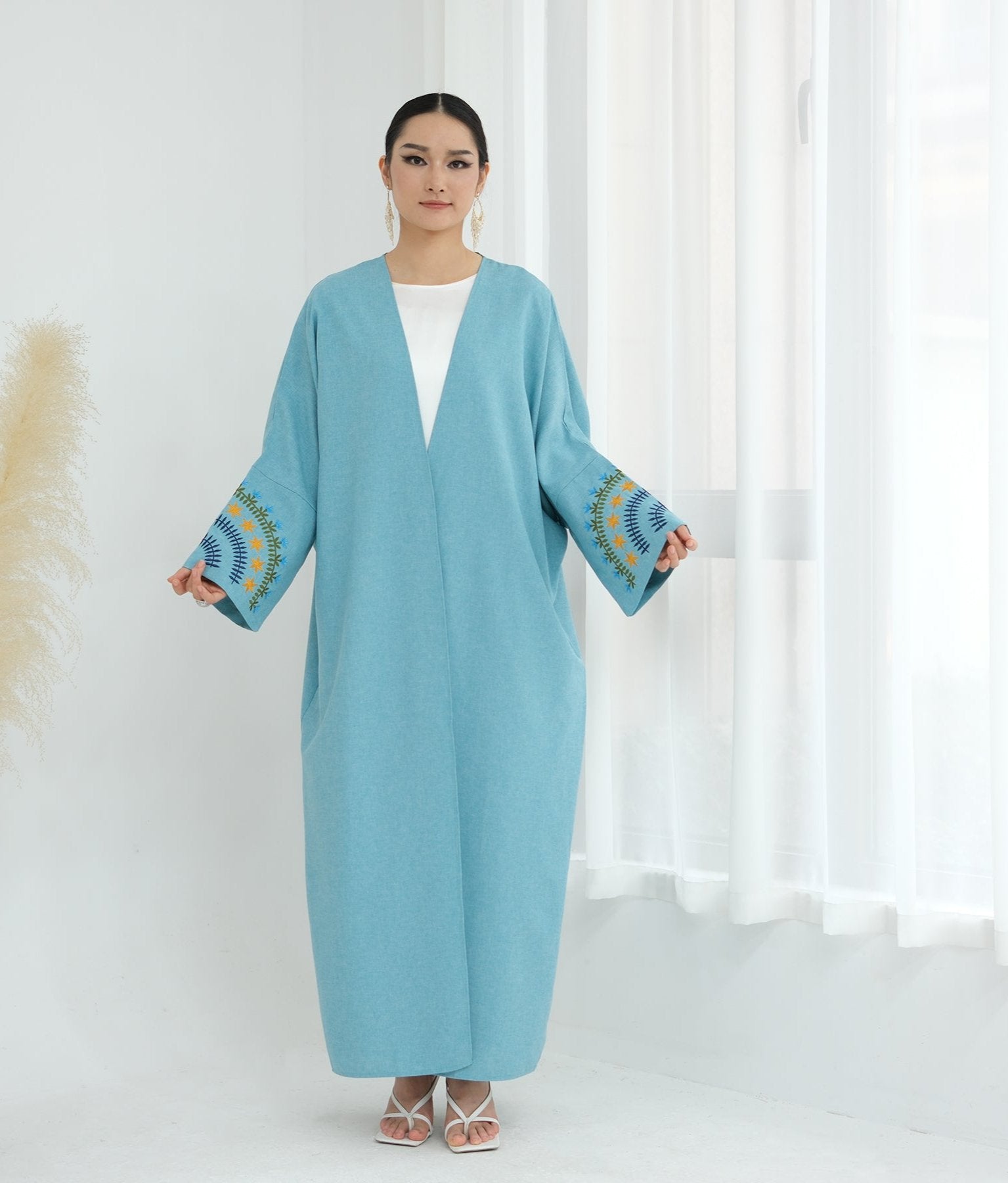 Carin Embroidered Kimono Duster Jacket - Duck Blue | Lightweight Cover-Up for Women | Perfect for Beach, Vacation & Boho Outfits