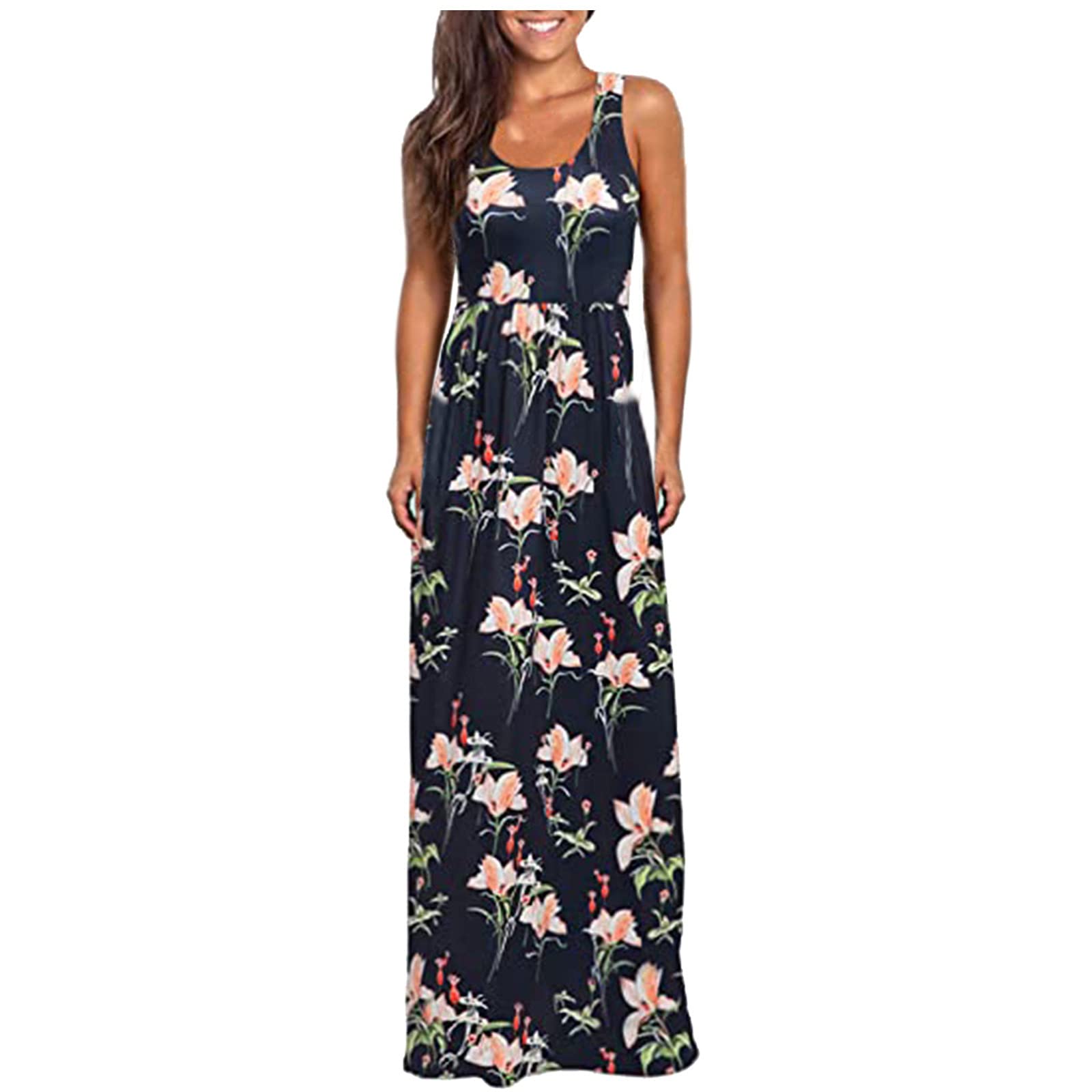 Women's Sleeveless Floral Midi Dress with Pockets - Casual Beach Wedding Guest Dress for Summer | Perfect for Outdoor Parties, Vacations & Semi-Formal Occasions