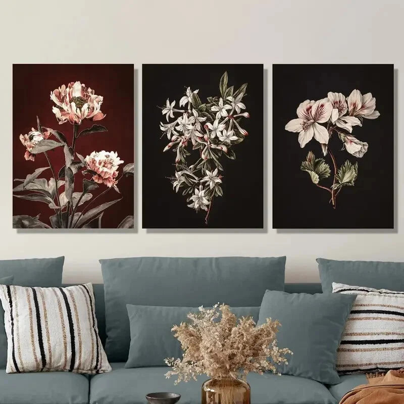 3-Piece Botanical Flower Artwork Set - Metal Wall Prints Ready to Hang - Nature Inspired Home Decor for Living Room, Bedroom & Office