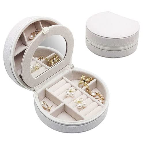 Premium PU Leather Jewelry Organizer Box with Mirror - Portable Travel Jewelry Case for Earrings, Rings & Small Accessories (12x10.5x5.5cm, White) - Perfect for Home Storage, Travel & Gift Giving