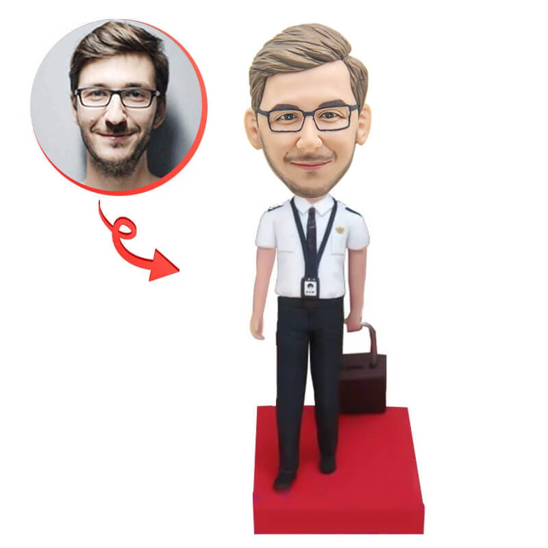 Custom Male Flight Attendant Bobblehead - Personalized Airline Crew Collectible - Perfect for Aviation Enthusiasts, Office Desk Decor & Unique Gifts for Pilots and Cabin Crew