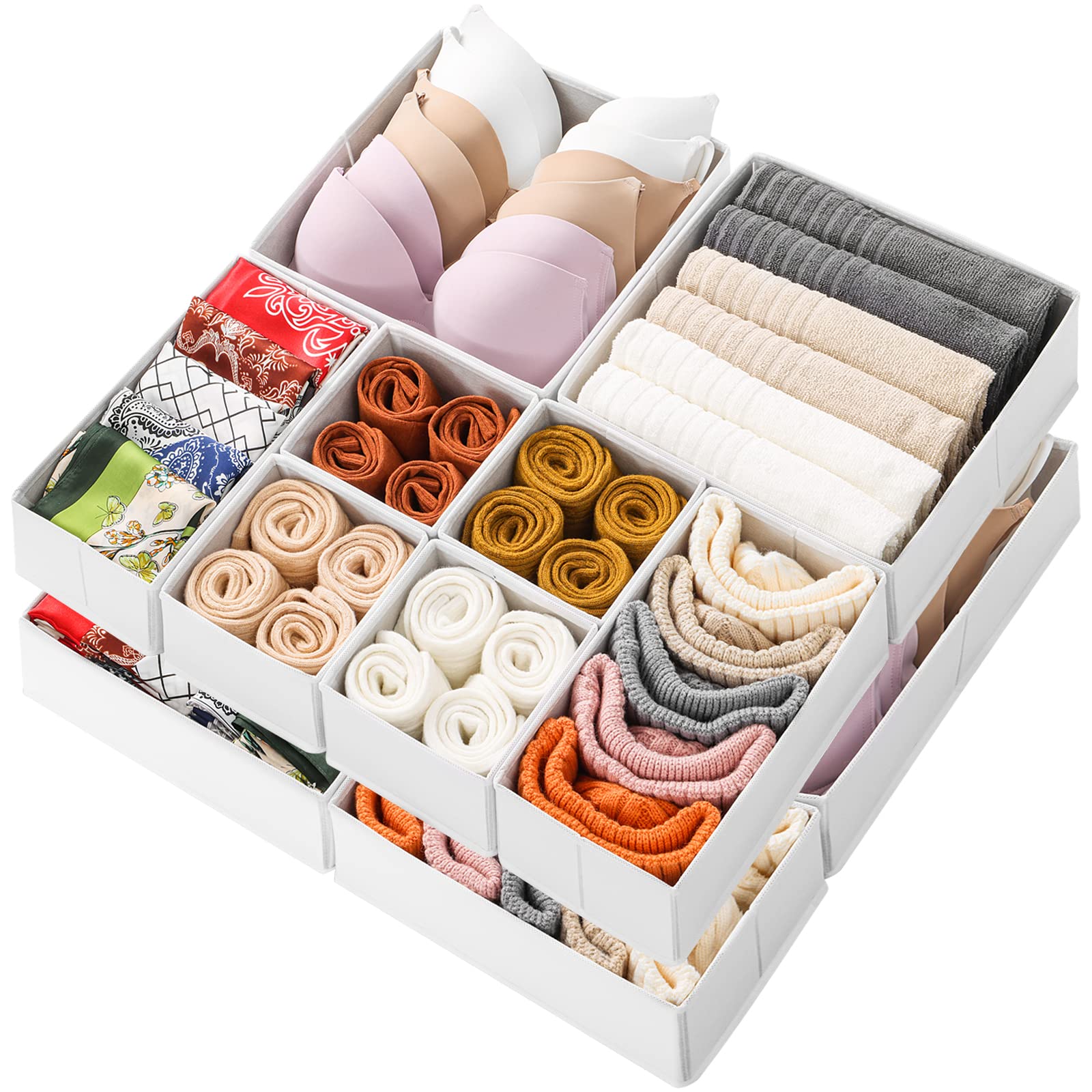 12-Pack Stero Drawer Organizers for Clothes - Foldable Fabric Storage Bins for Dresser, Closet & Underwear Organization - Perfect for Socks, Bras & Clothing Storage (White) - Ideal for Bedroom, Dorm & Travel Use