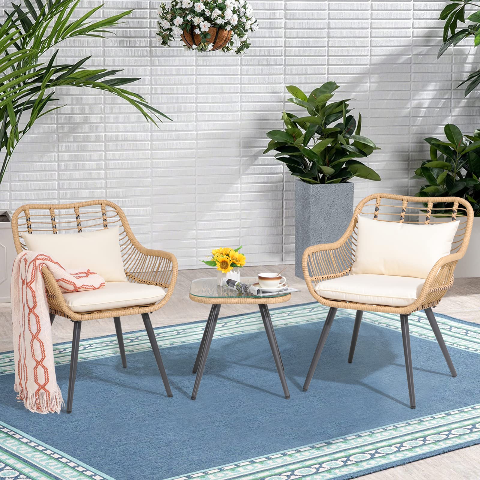 Verano Garden 3-Piece Patio Bistro Set - Outdoor Wicker Conversation Chairs with Glass Top Coffee Table & Cushions - Perfect for Balcony, Porch, Backyard, Deck and Poolside Relaxation | Durable Weather-Resistant Patio Furniture for Outdoor Entertaining & Lounging