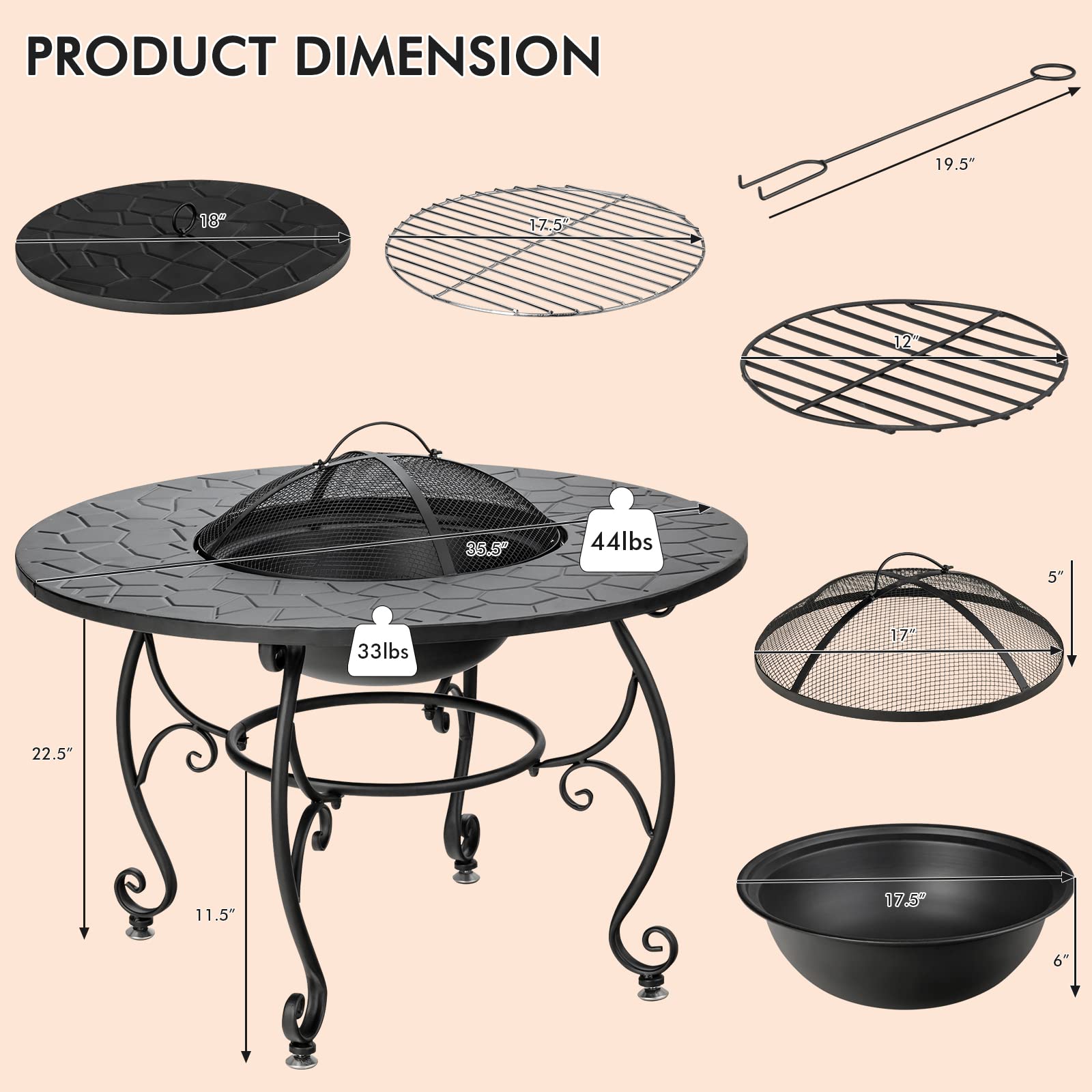 Giantex 36 Inch 4-in-1 Outdoor Fire Pit Table - Round Metal Patio Dining Table with Wood Burning Fire Pit, Cover, Grill Grate & Poker - Perfect for Backyard, Garden, Poolside & Outdoor Gatherings