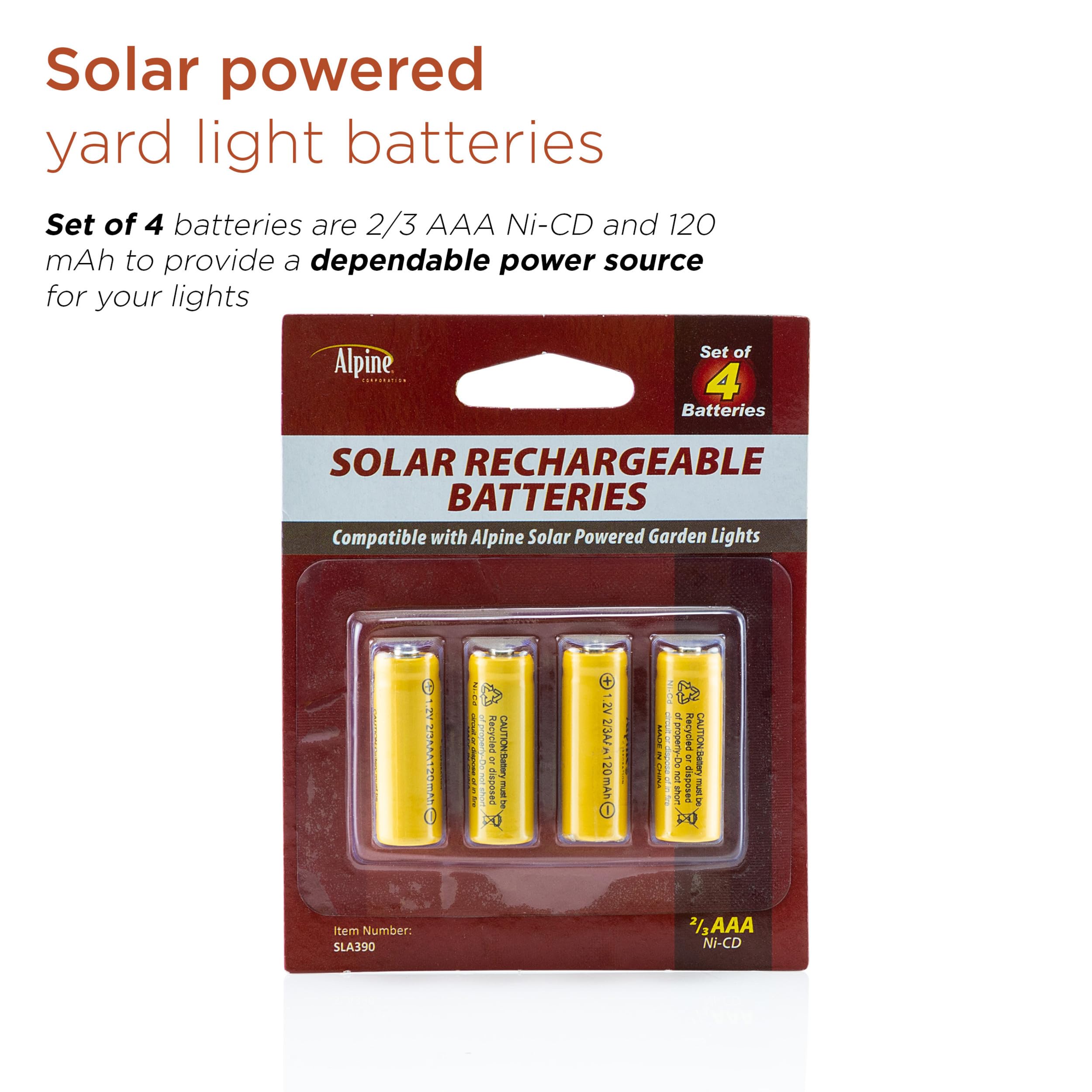 Alpine Corporation 2/3 AAA Ni-CD Solar Rechargeable Replacement Batteries for Solar Garden Lights - 4 Pack | Perfect for Outdoor Solar-Powered Pathway & Landscape Lighting