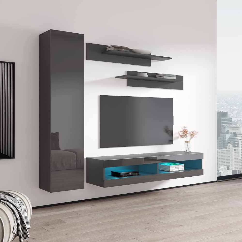 Modern Gray Wall-Mounted TV Stand with Storage Shelves & LED Lights - Meble Fly G34 Entertainment Center for Living Room & Bedroom - Space-Saving Media Console for 34