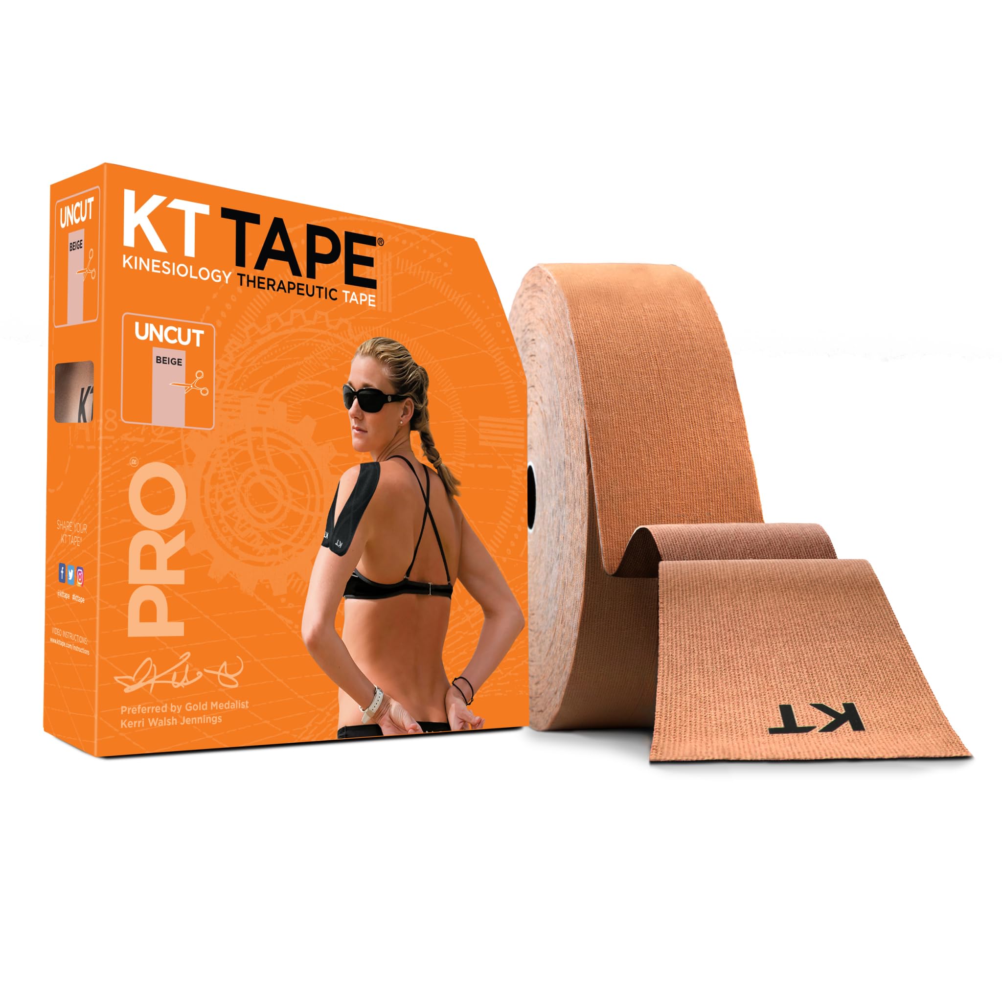 KT Tape Pro Synthetic Kinesiology Athletic Tape - 125' Uncut Roll for Sports Injuries, Muscle Support & Pain Relief | Ideal for Running, CrossFit, Yoga & Physical Therapy
