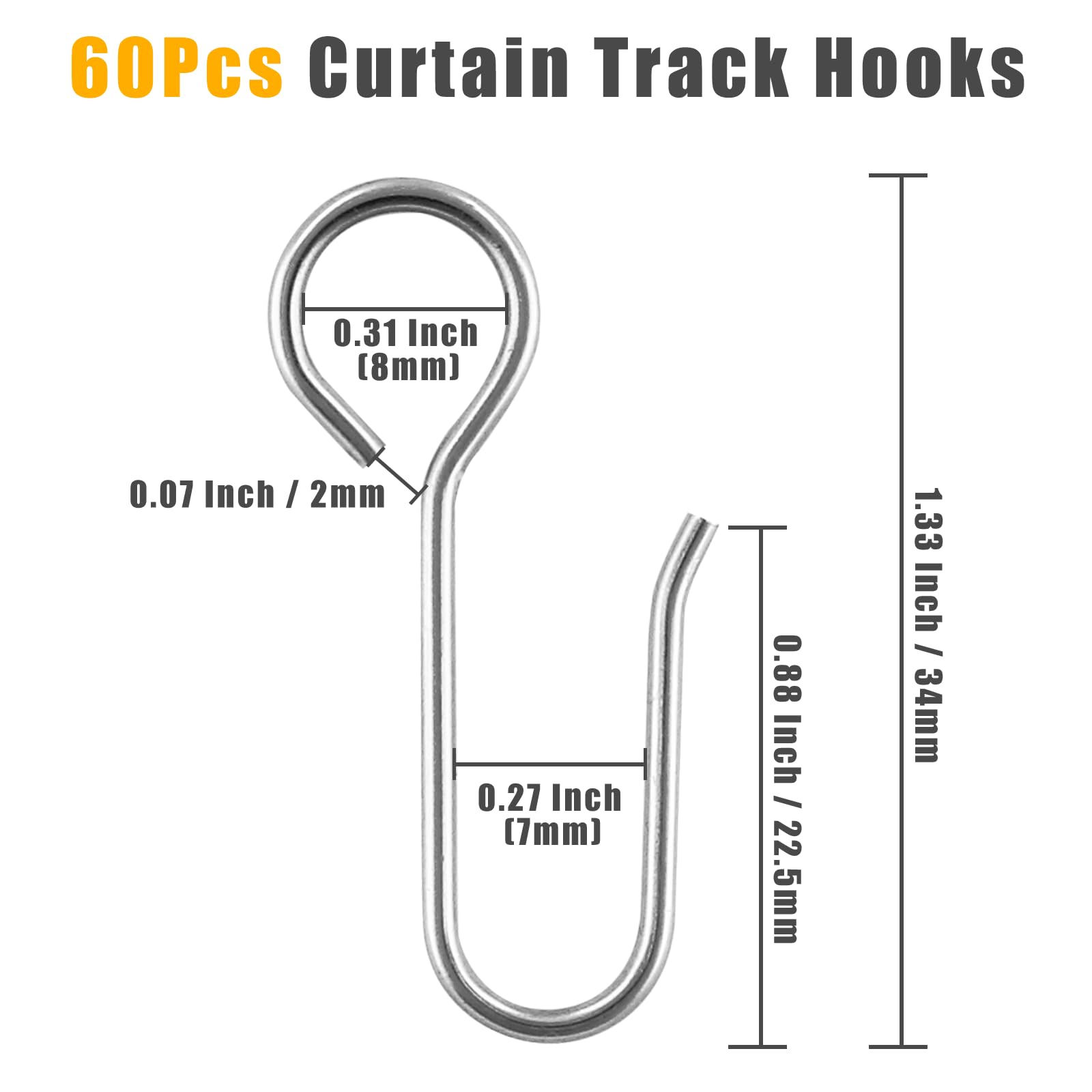 Hordion 60pcs S-Shaped Metal Curtain Hooks - Small Ceiling & Shower Curtain Track Hooks for Drapes, Wires & Bathroom - Silver | Perfect for Hanging Bathroom Shower Curtains, Window Drapes & Ceiling Tracks