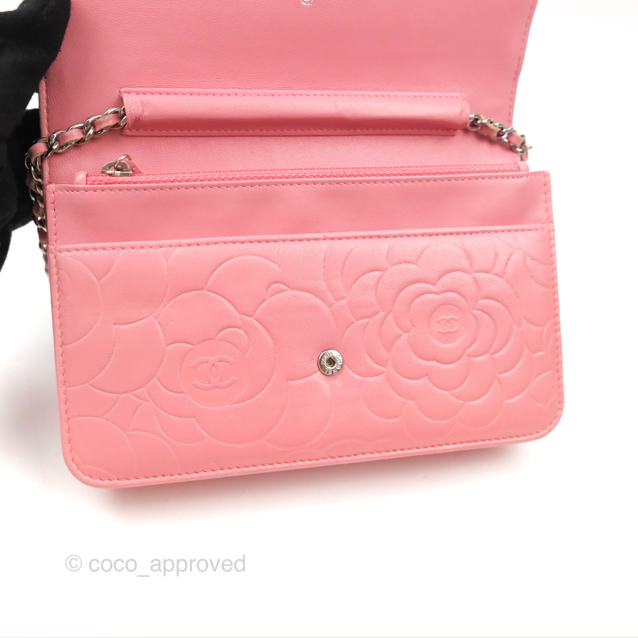 Chanel Camellia Embossed Wallet On Chain WOC Pink Lambskin Silver Hardware Crossbody Bag - Luxury Designer Purse for Women, Perfect for Evening Parties & Date Nights