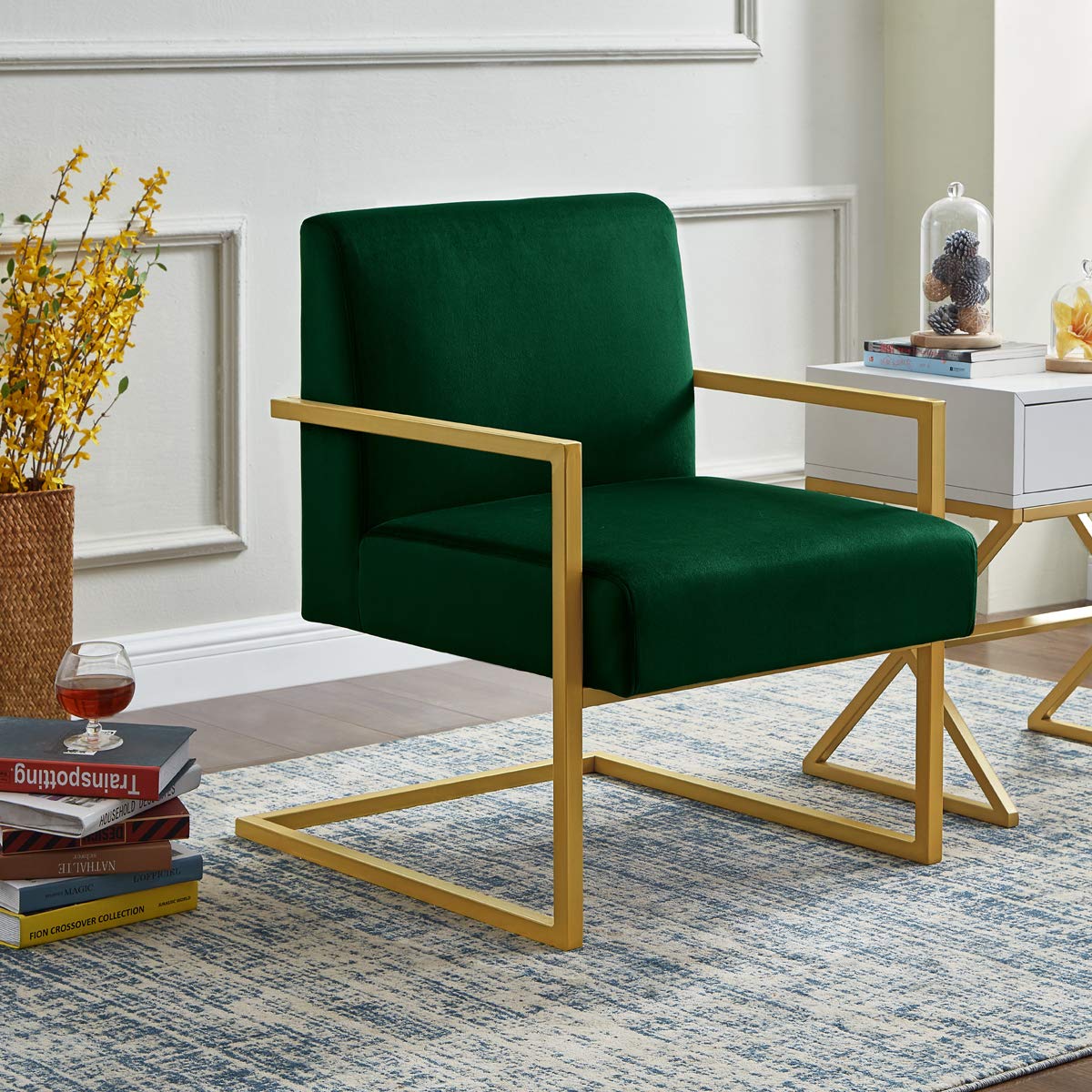 24K Gold Accent Chair - Velvet Cushion & Square Arm Metal Frame - Modern Luxury Living Room Furniture for Home Decor, Office, Lounge, and Reading Nook