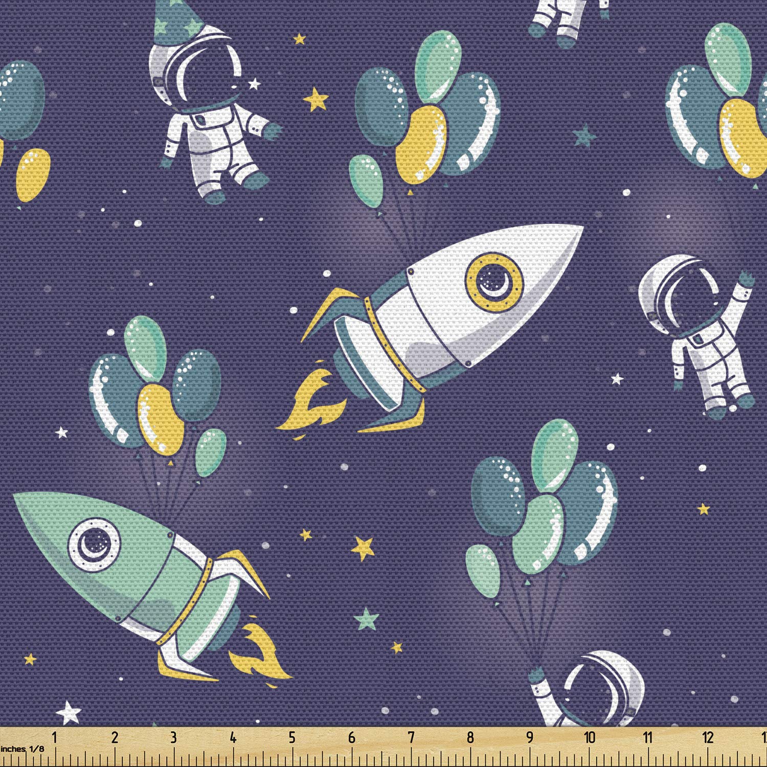 Ambesonne Party Fabric by The Yard - Starry Space with Balloons & Rockets Print - Boys Birthday Celebration Decorative Fabric - 1 Yard Violet Blue Yellow - Perfect for Upholstery, DIY Home Decor & Party Backdrops