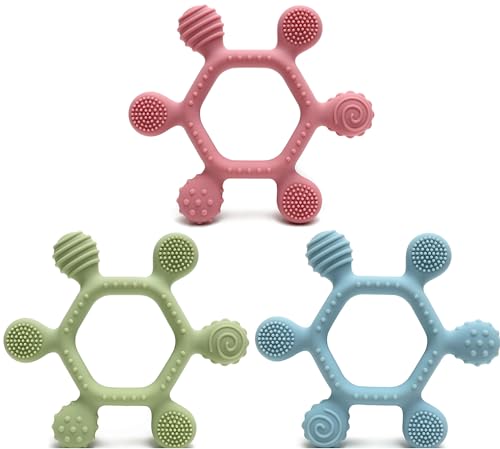 OKONKN Baby Teether 3 Pack - BPA Free Silicone Teething Toys for Infants 0-18 Months | 6 Teeth Contact Points, Easy to Hold for Front & Back Teeth Relief | Perfect for Soothing Sore Gums at Home, Travel & Daycare
