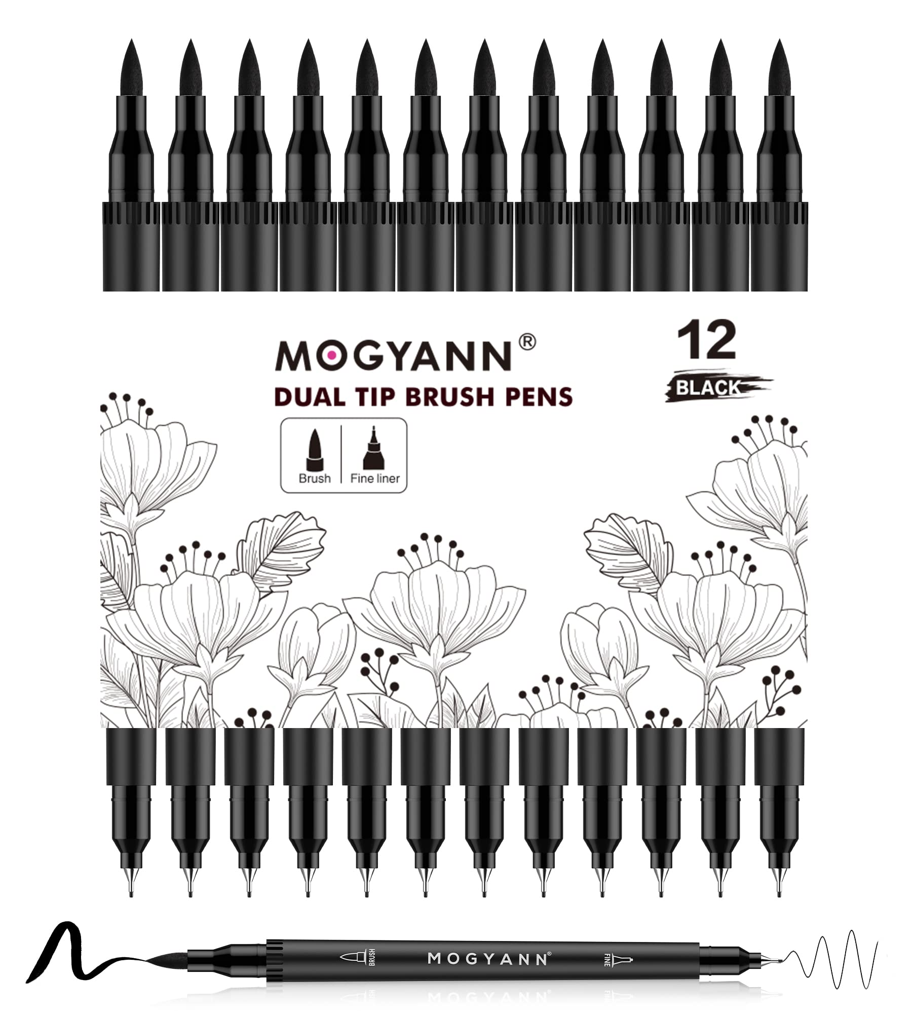 Mogyann 12 Pack Dual Tip Brush Pens - Black Fine & Broad Markers for Art Drawing, Sketching, Calligraphy & Hand Lettering - Perfect for Artists, Students & DIY Craft Projects