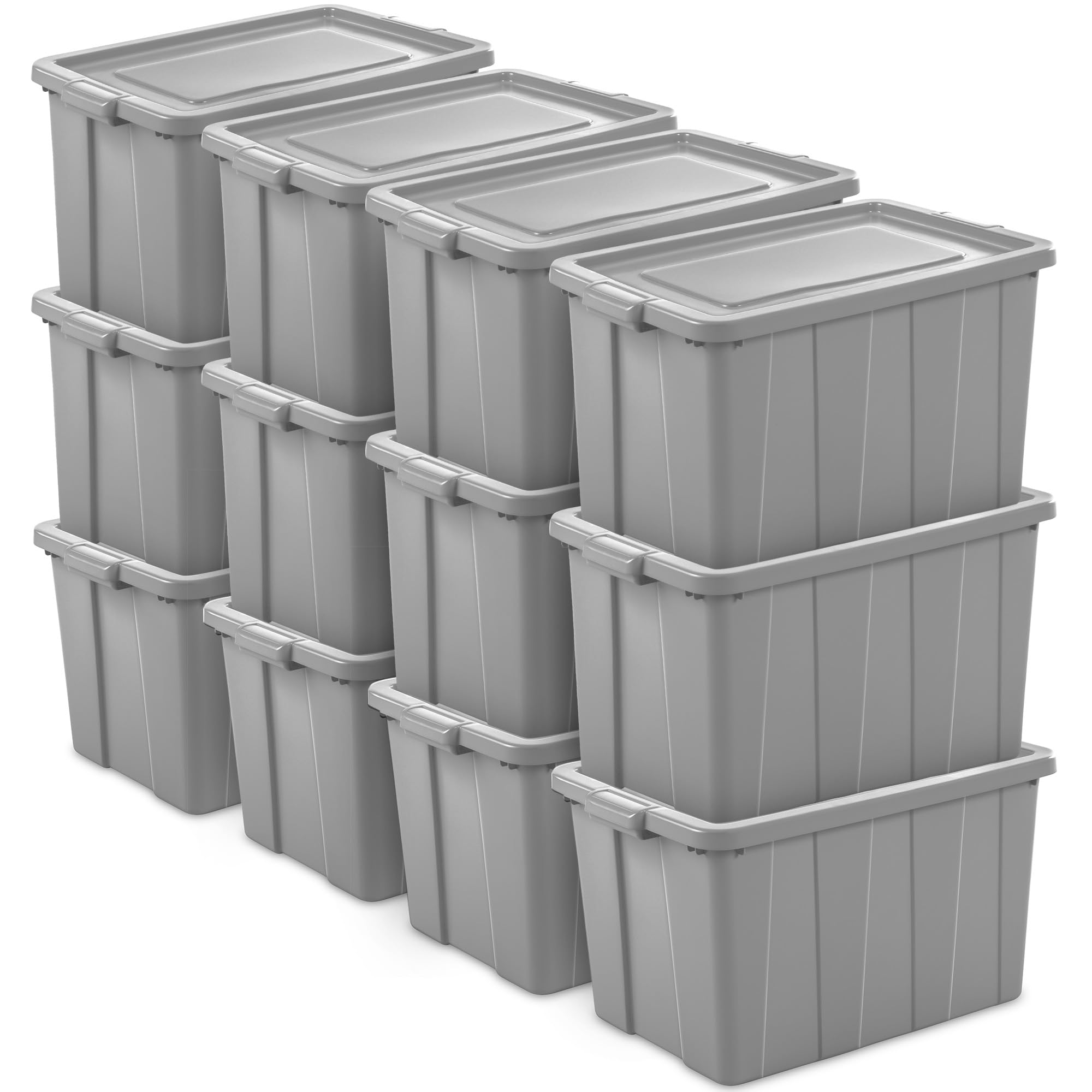 Sterilite Tuff1 30 Gallon Heavy Duty Plastic Storage Bins with Lids - Stackable, Durable & Weather Resistant for Basement, Garage, Attic Organization - Perfect for Seasonal Decor, Toys & Household Items (12 Pack, Gray)