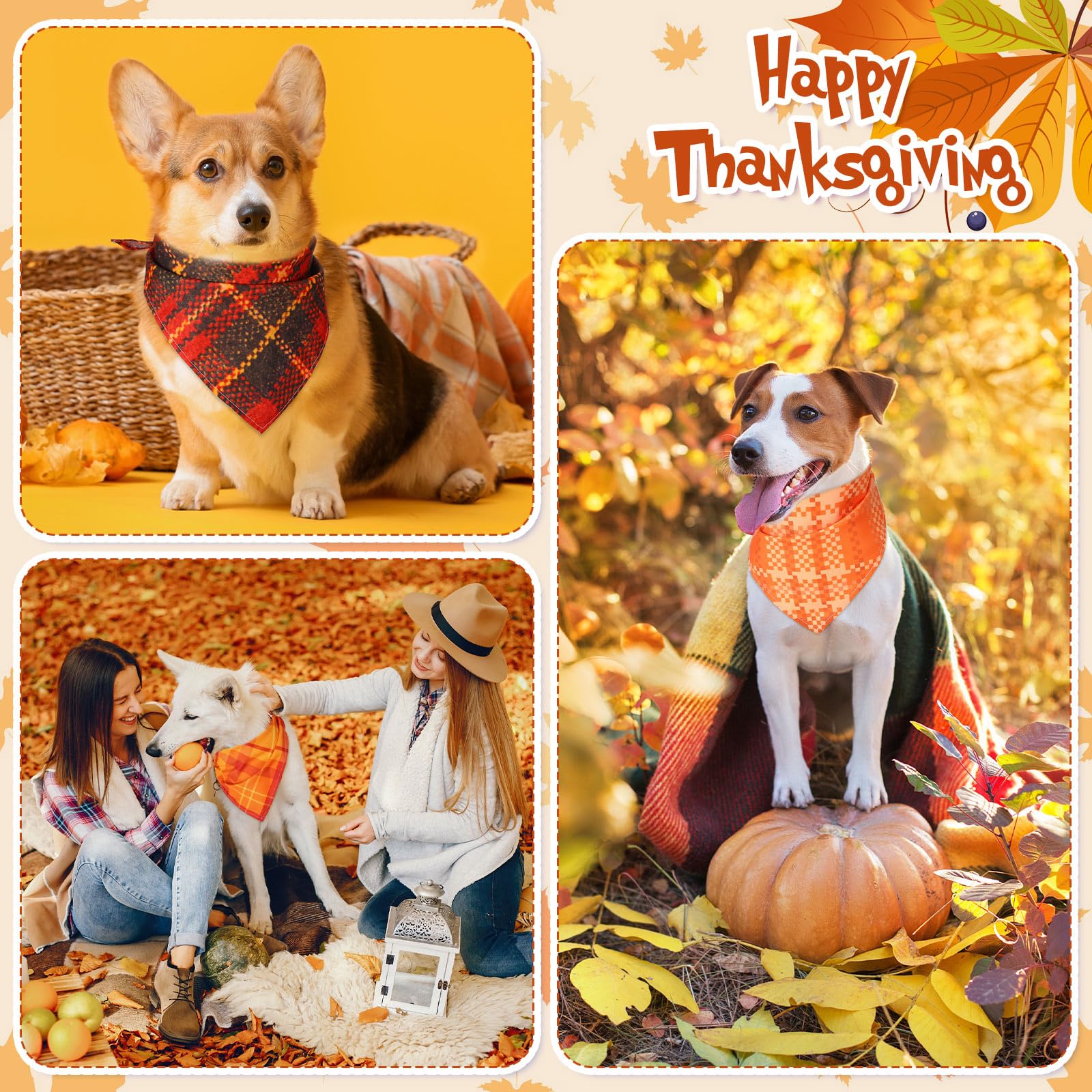 Sweetude 60 Pcs Fall Thanksgiving Plaid Dog Bandanas - Bulk Adjustable Washable Pet Scarves for Small to Large Dogs & Cats - Thanksgiving Pet Costume Accessories & Grooming Supplies - Perfect for Holiday Photos, Parties & Seasonal Decor