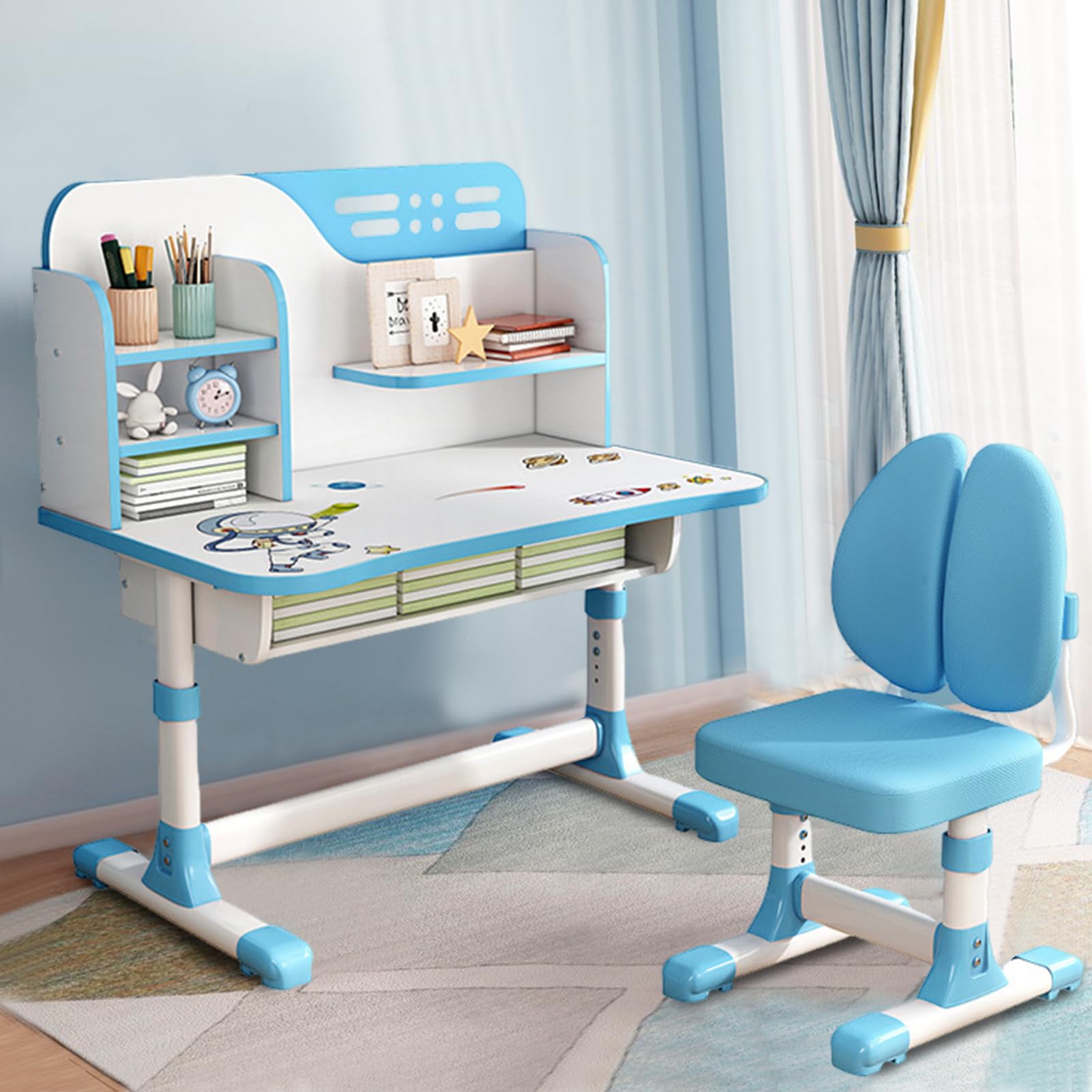 **Adjustable Kids Study Desk & Chair Set with Astronaut Design - Ergonomic Children's Writing Table, Bookshelf & Storage Drawer - Perfect for Homeschooling & Small Spaces (Blue)**