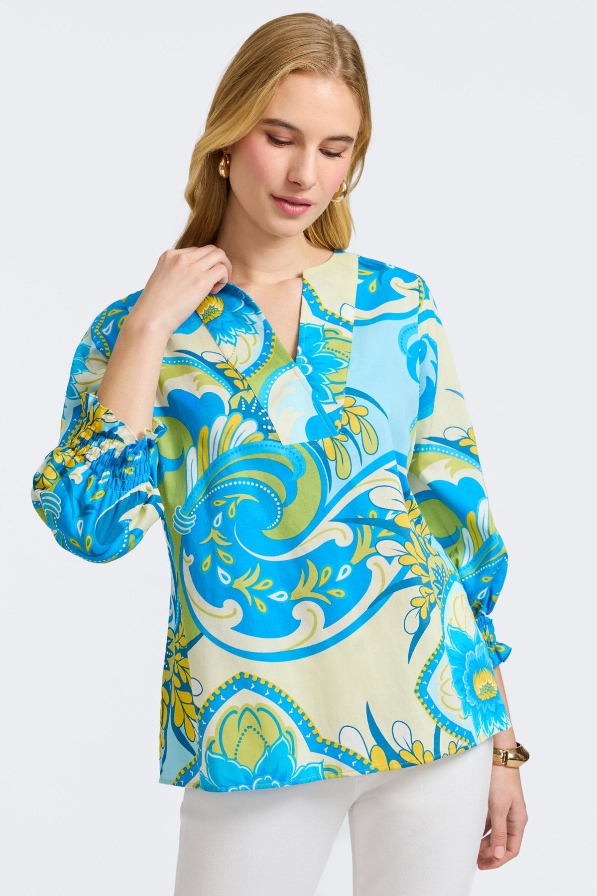 Alicia Tropical Jacobean 3/4 Sleeve Popover Shirt for Women - Floral Print Casual Blouse for Summer, Beach, Vacation & Boho Style Outfits