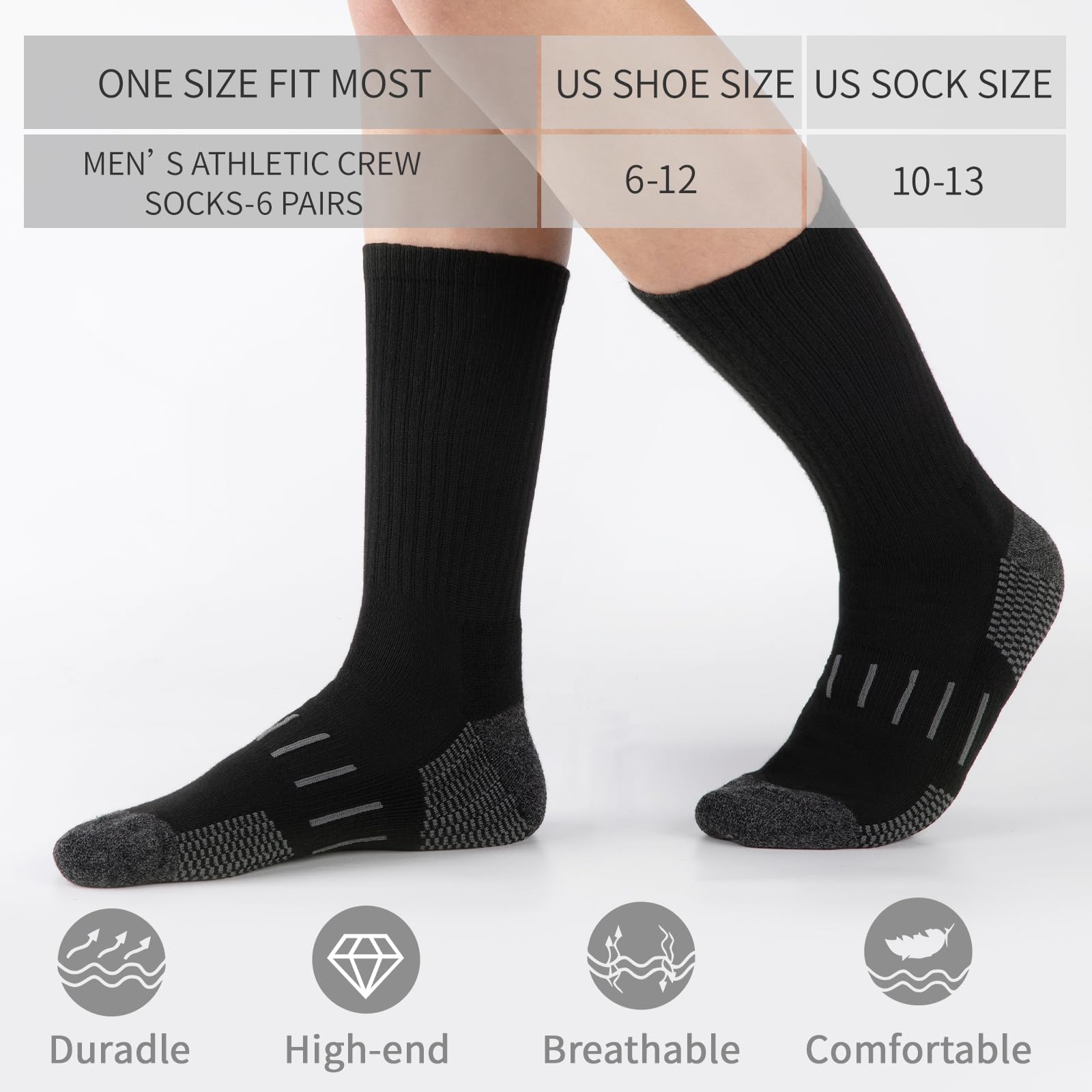 Heatuff Men’s 6-Pack Performance Crew Socks - Moisture Wicking Athletic Work Socks with Cushion Support for Running, Gym & Outdoor Activities