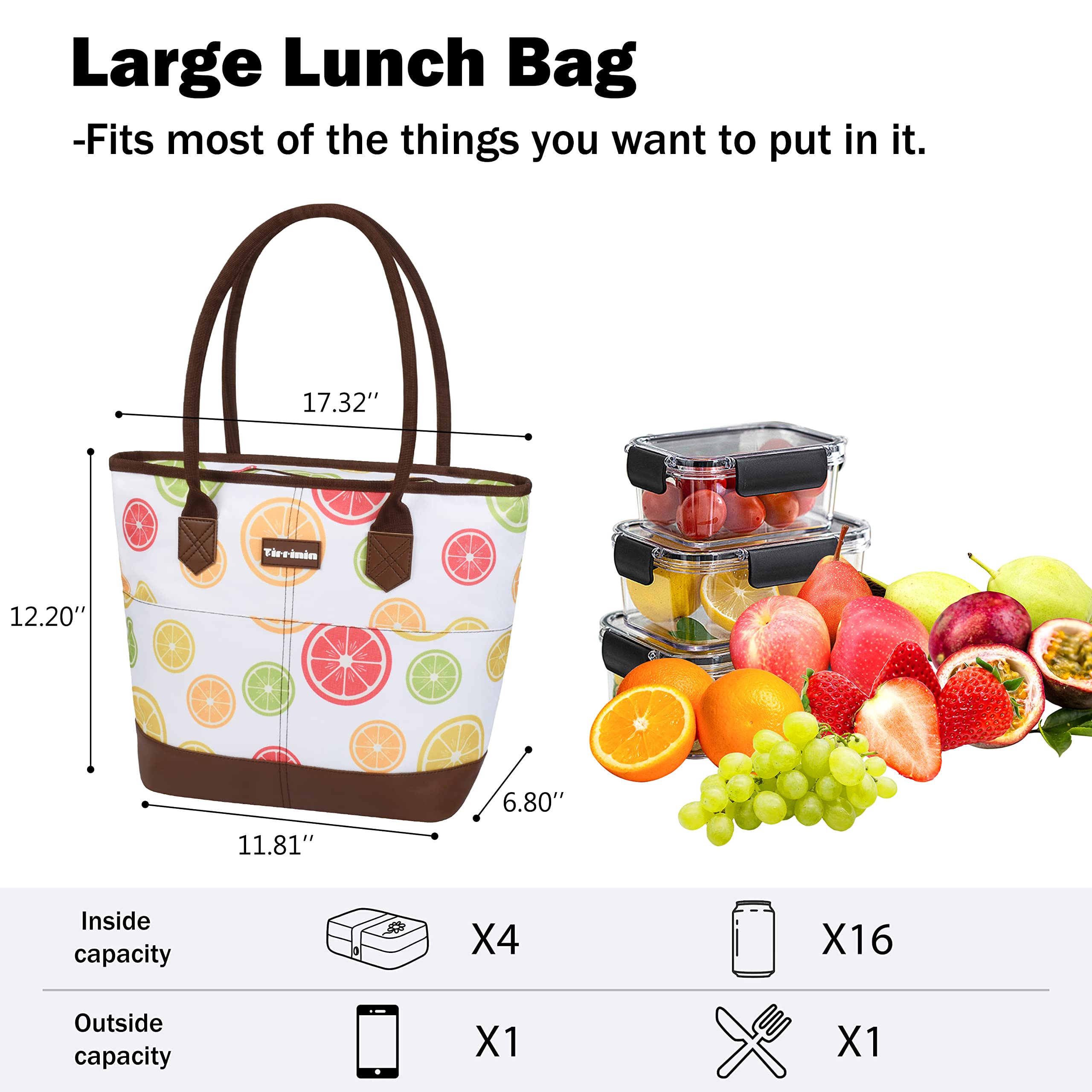 Tirrinia Insulated Lunch Cooler Bag for Women - Waterproof Large Lunch Box with Front Pockets - Yellow Lemon - Perfect for Work, School, Picnics & Outdoor Activities